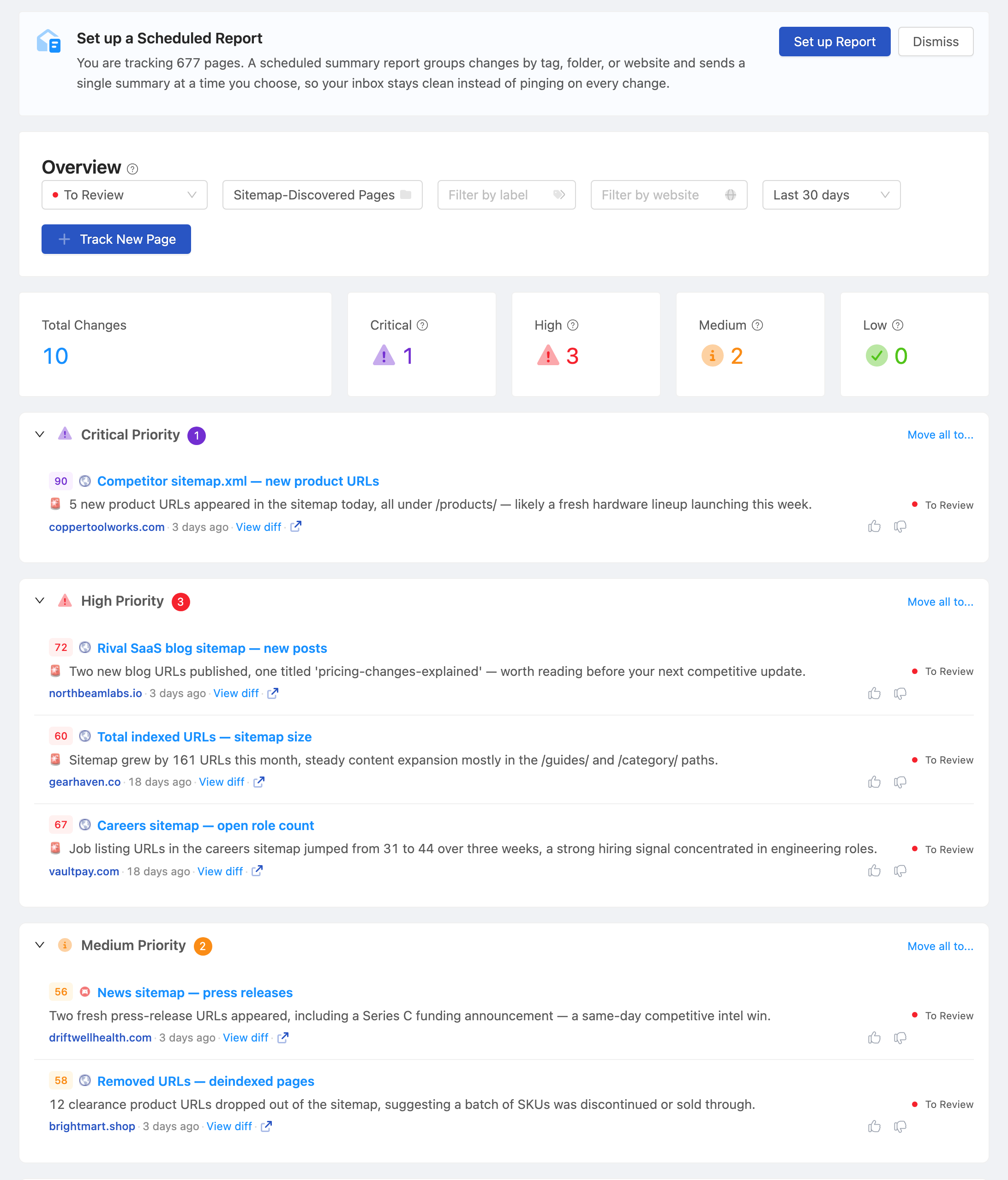 PageCrawl dashboard tracking a portfolio of client websites at a glance
