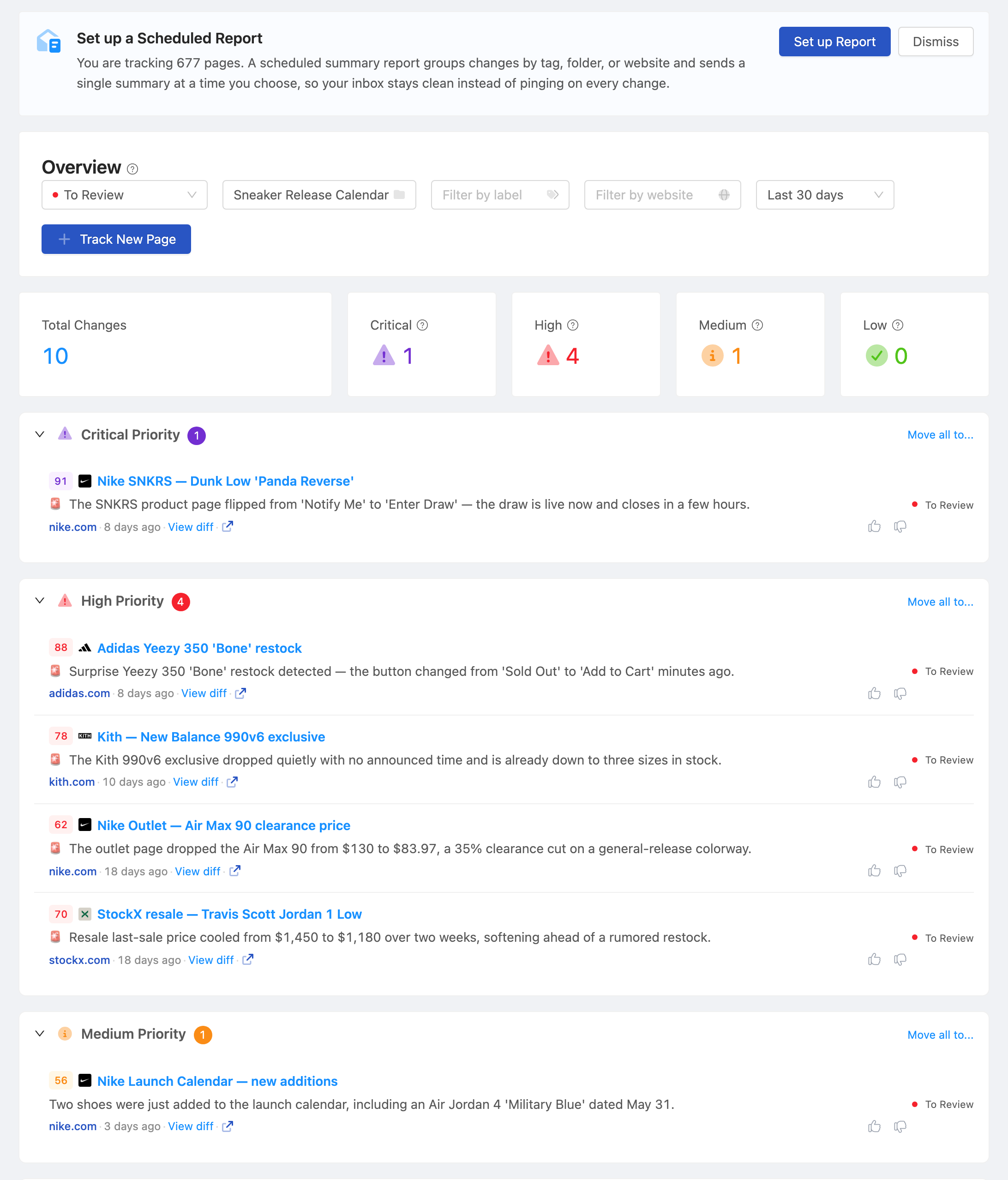 PageCrawl dashboard tracking a portfolio of client websites at a glance