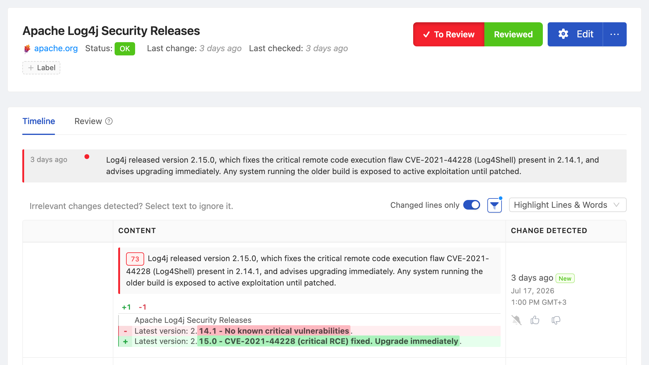 PageCrawl change diff for Apache Log4j Security Releases, highlighting the added and removed text