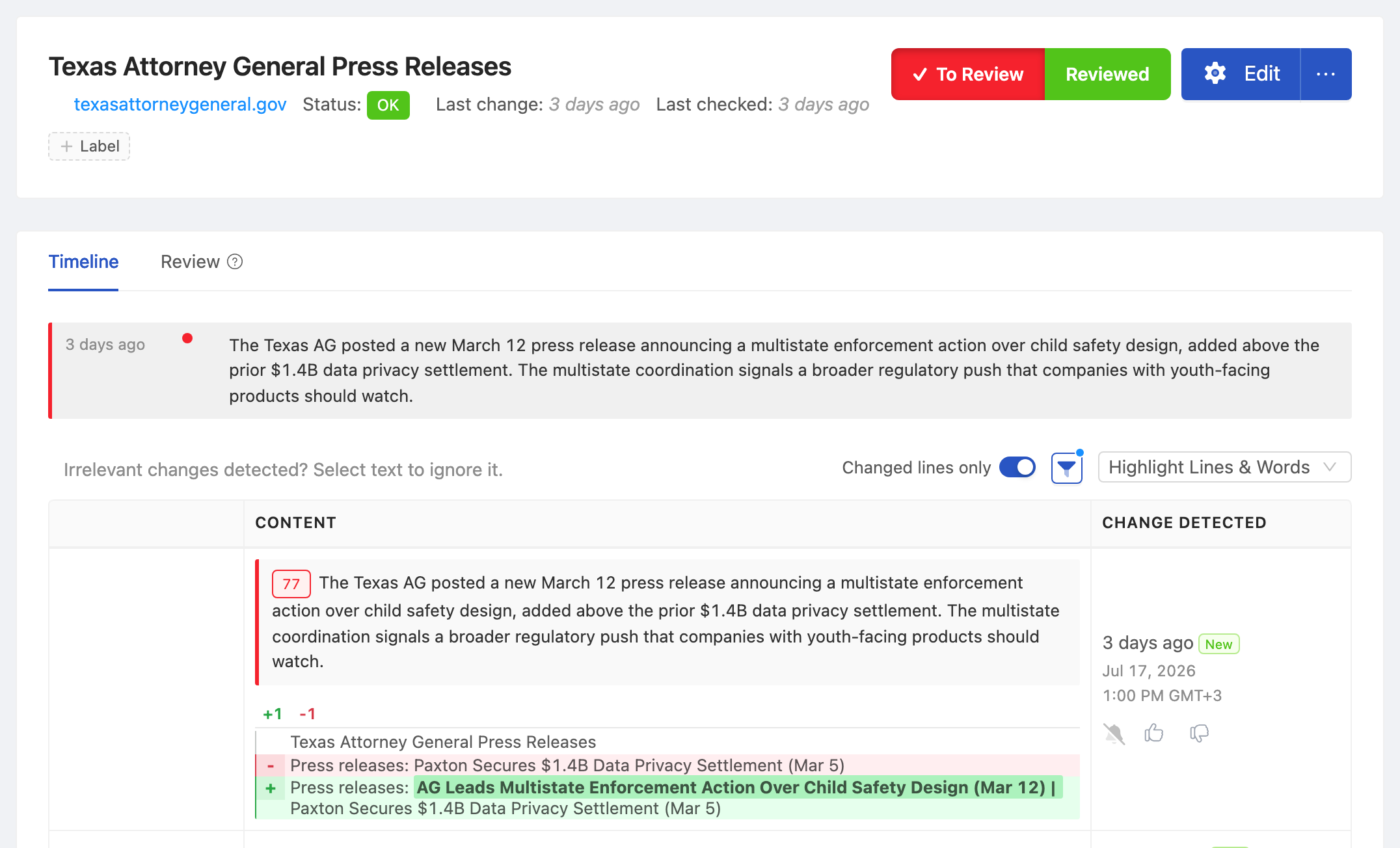 PageCrawl change diff for Texas Attorney General Press Releases, highlighting the added and removed text