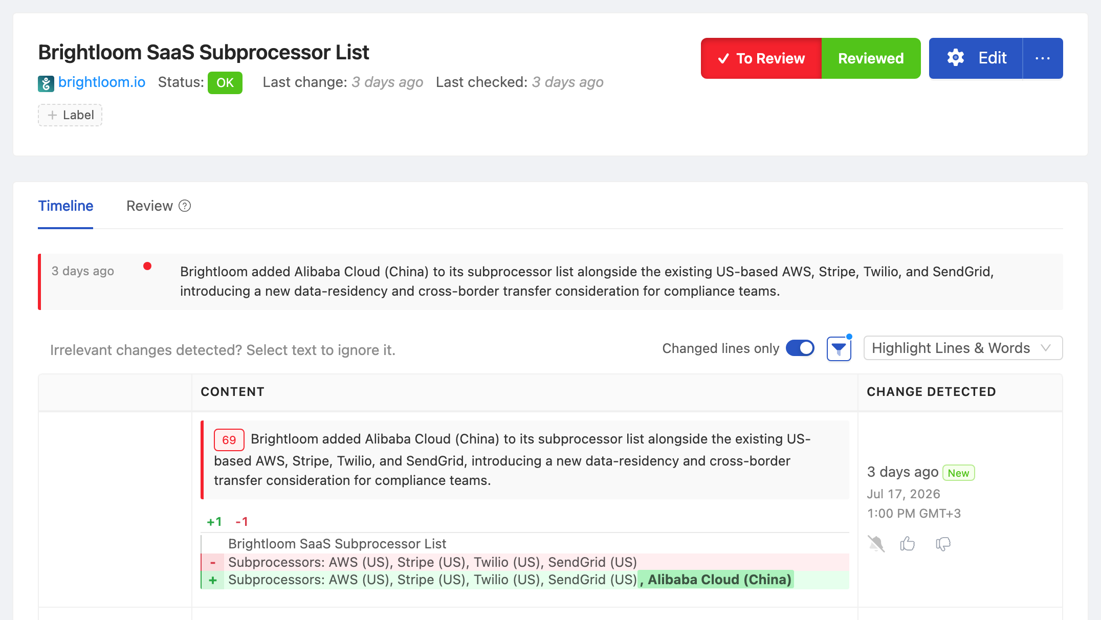 PageCrawl change diff for Acme SaaS Subprocessor List, highlighting the added and removed text