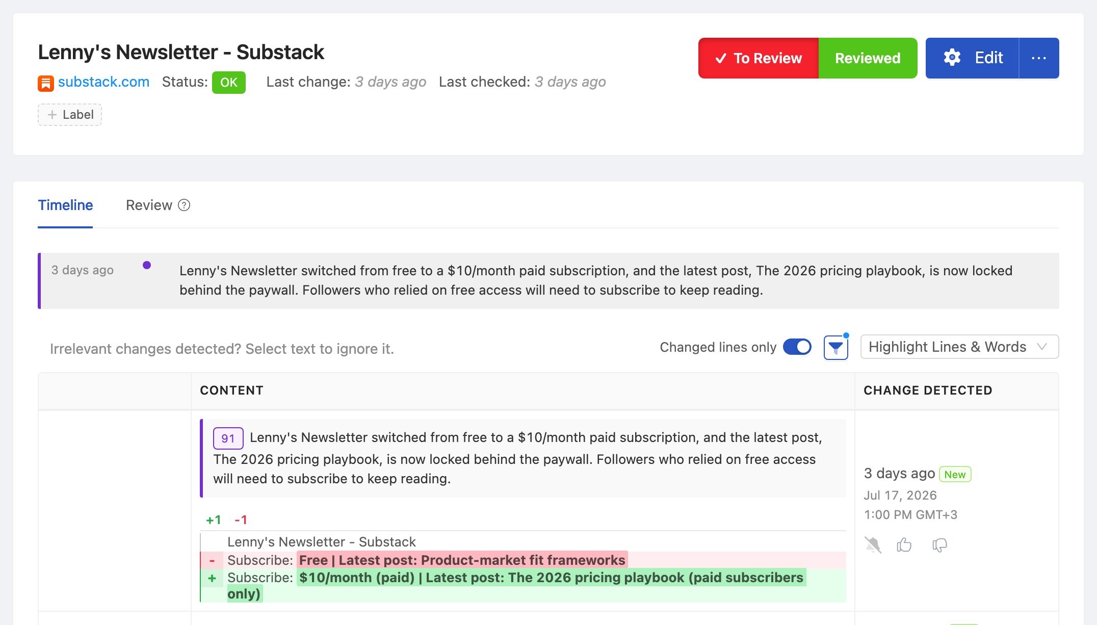 PageCrawl change diff for Lenny's Newsletter - Substack, highlighting the added and removed text