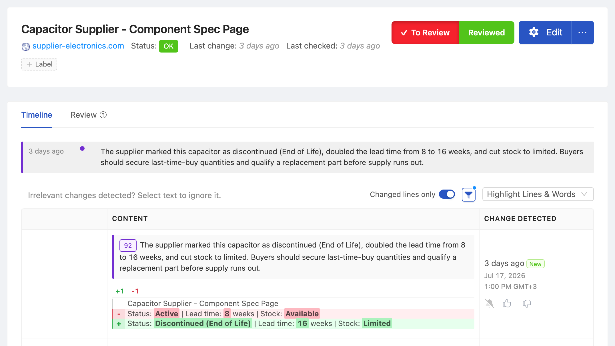 PageCrawl change diff for Capacitor Supplier - Component Spec Page, highlighting the added and removed text