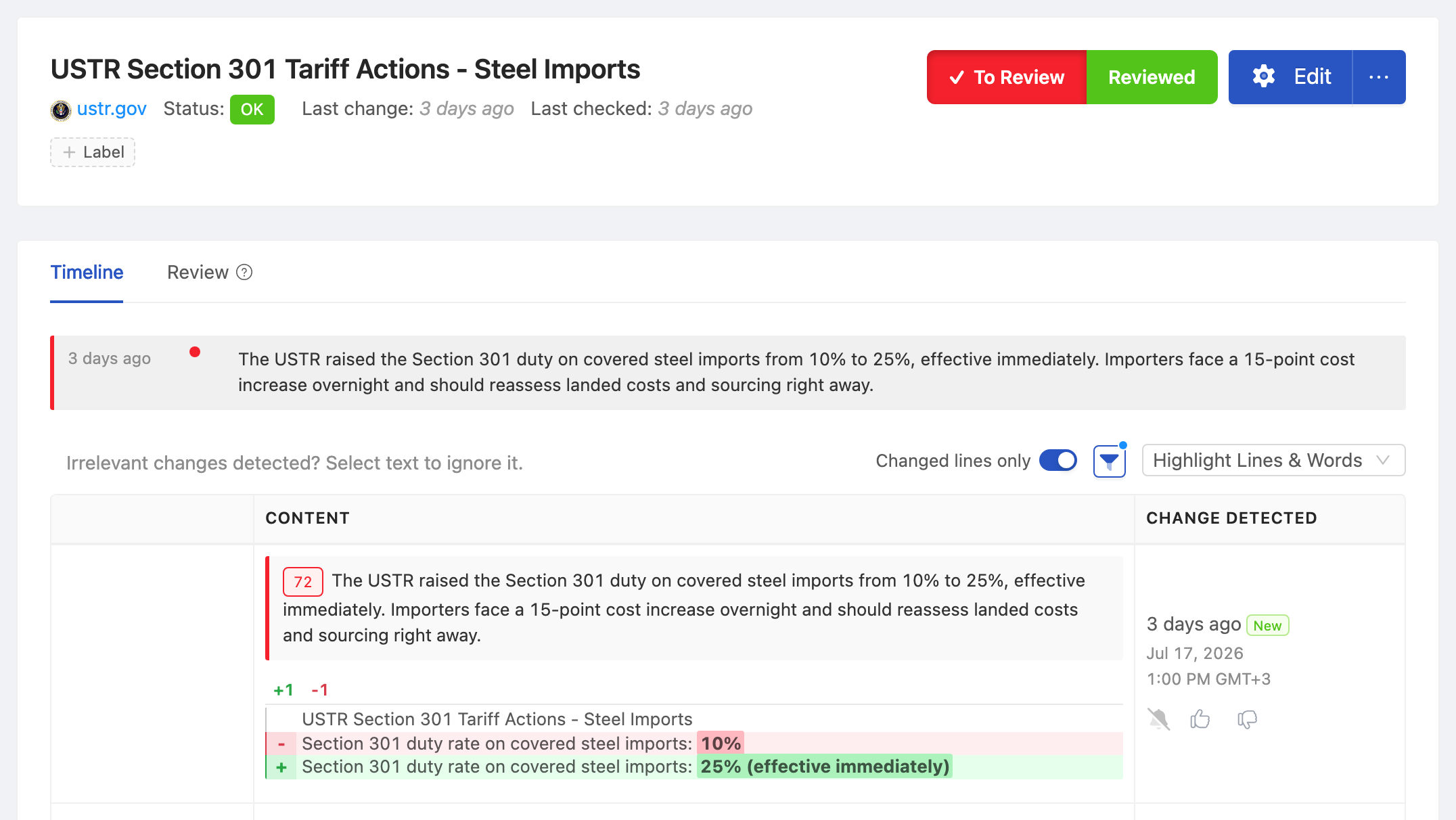 PageCrawl change diff for USTR Section 301 Tariff Actions - Steel Imports, highlighting the added and removed text
