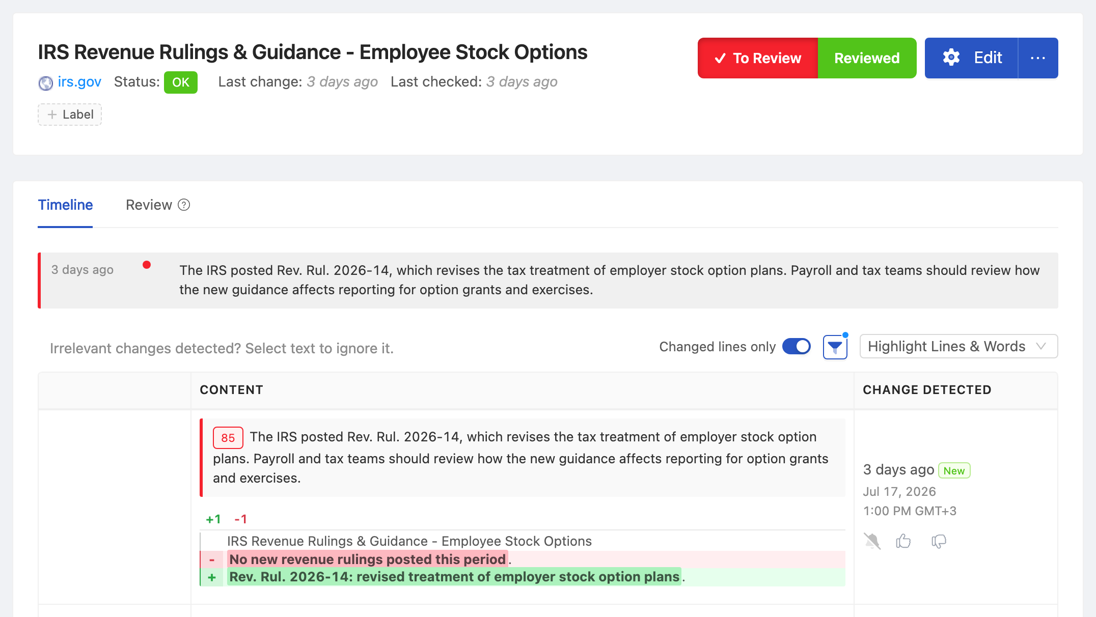 PageCrawl change diff for IRS Revenue Rulings & Guidance - Employee Stock Options, highlighting the added and removed text