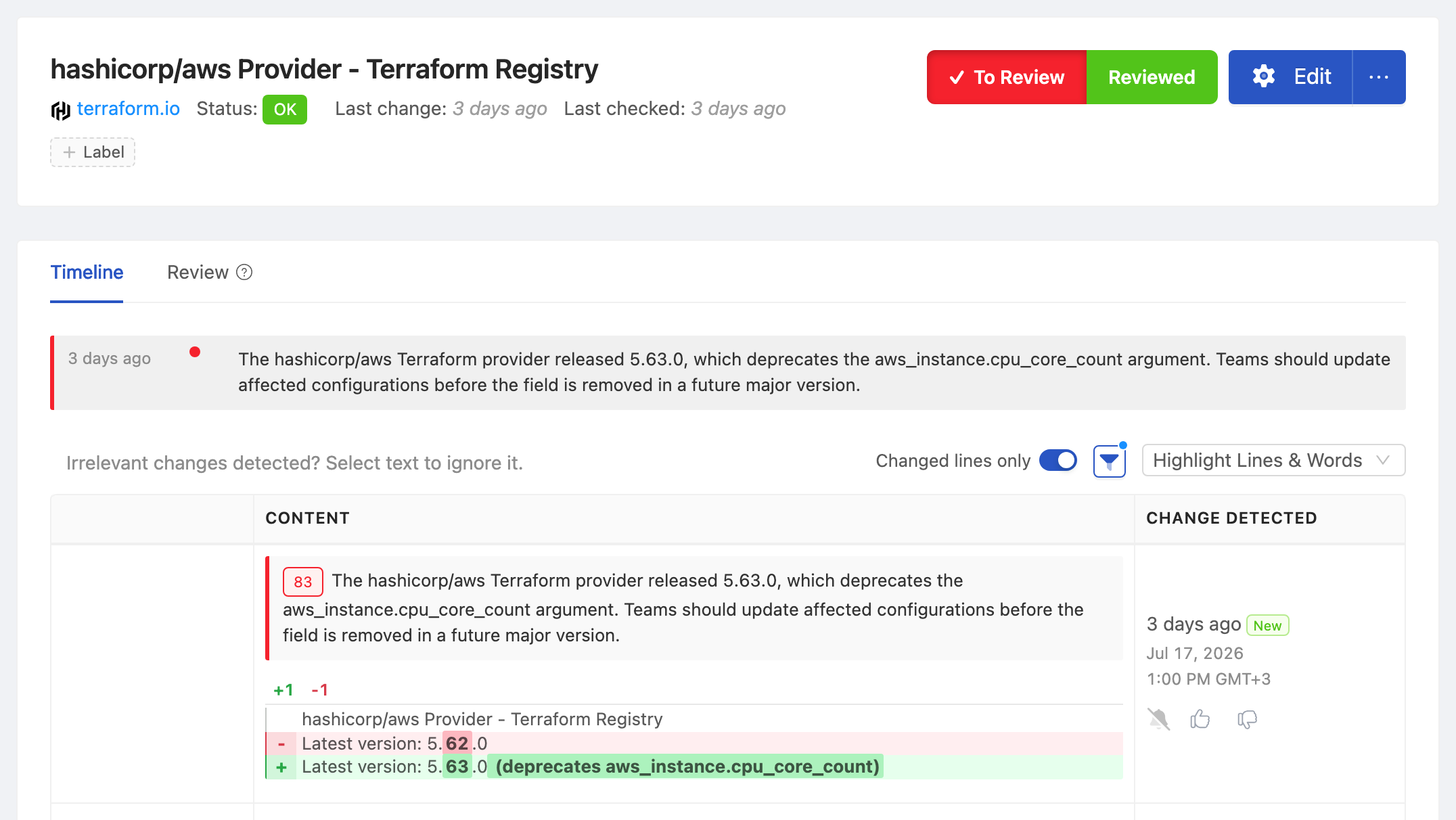 PageCrawl change diff for hashicorp/aws Provider - Terraform Registry, highlighting the added and removed text