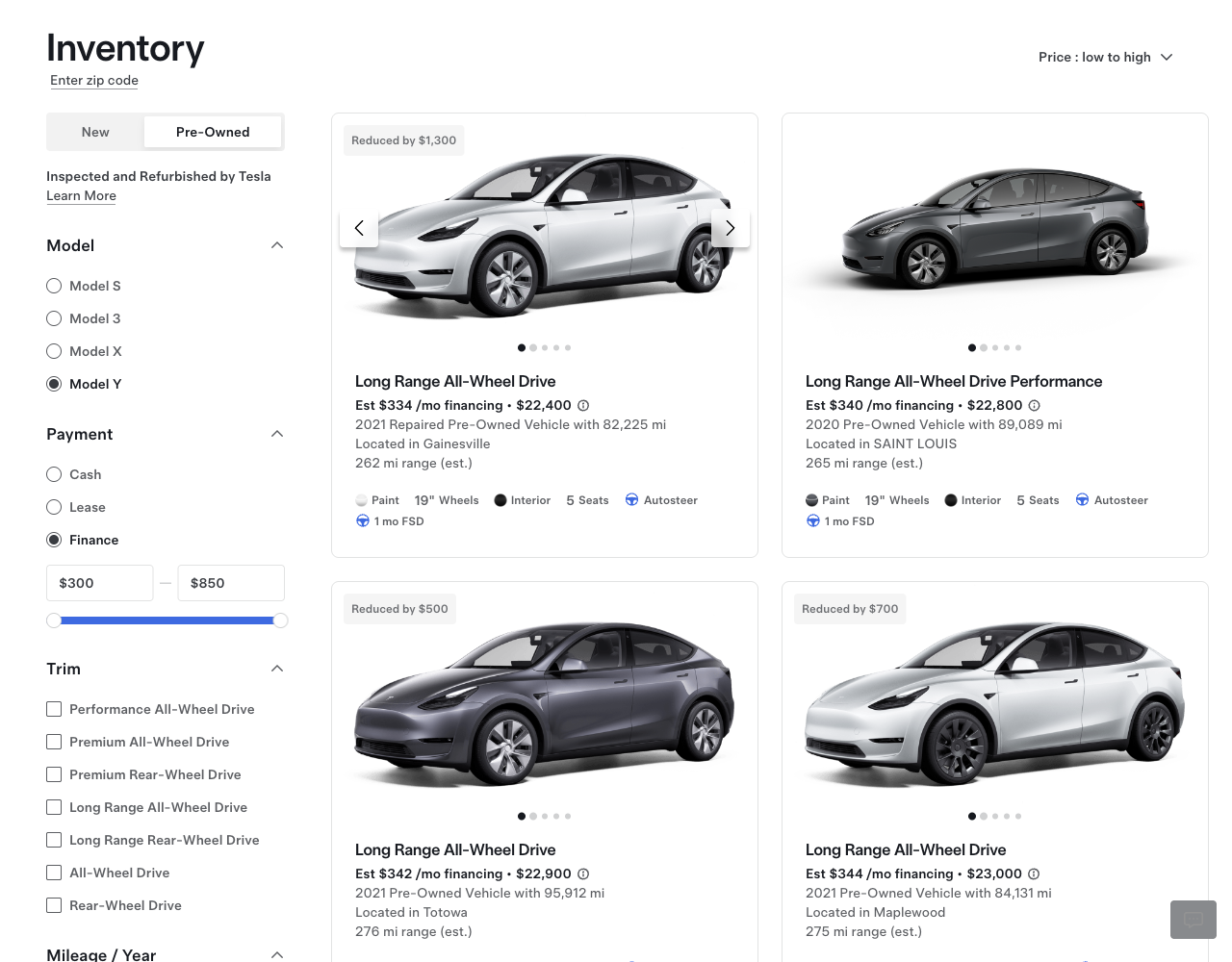 Tesla inventory filters panel showing model selection, payment range, and trim options