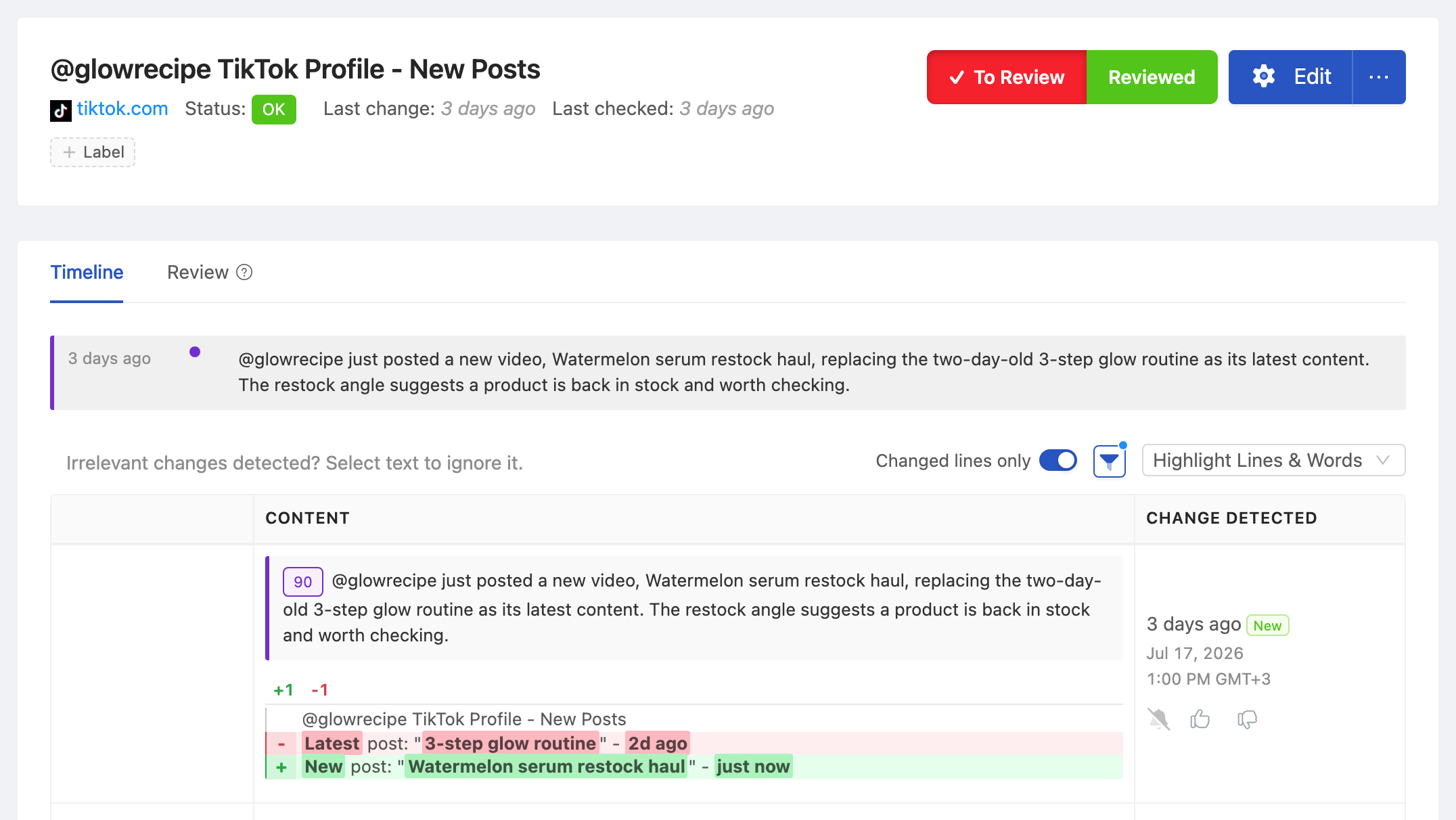 PageCrawl change diff for @glowrecipe TikTok Profile - New Posts, highlighting the added and removed text