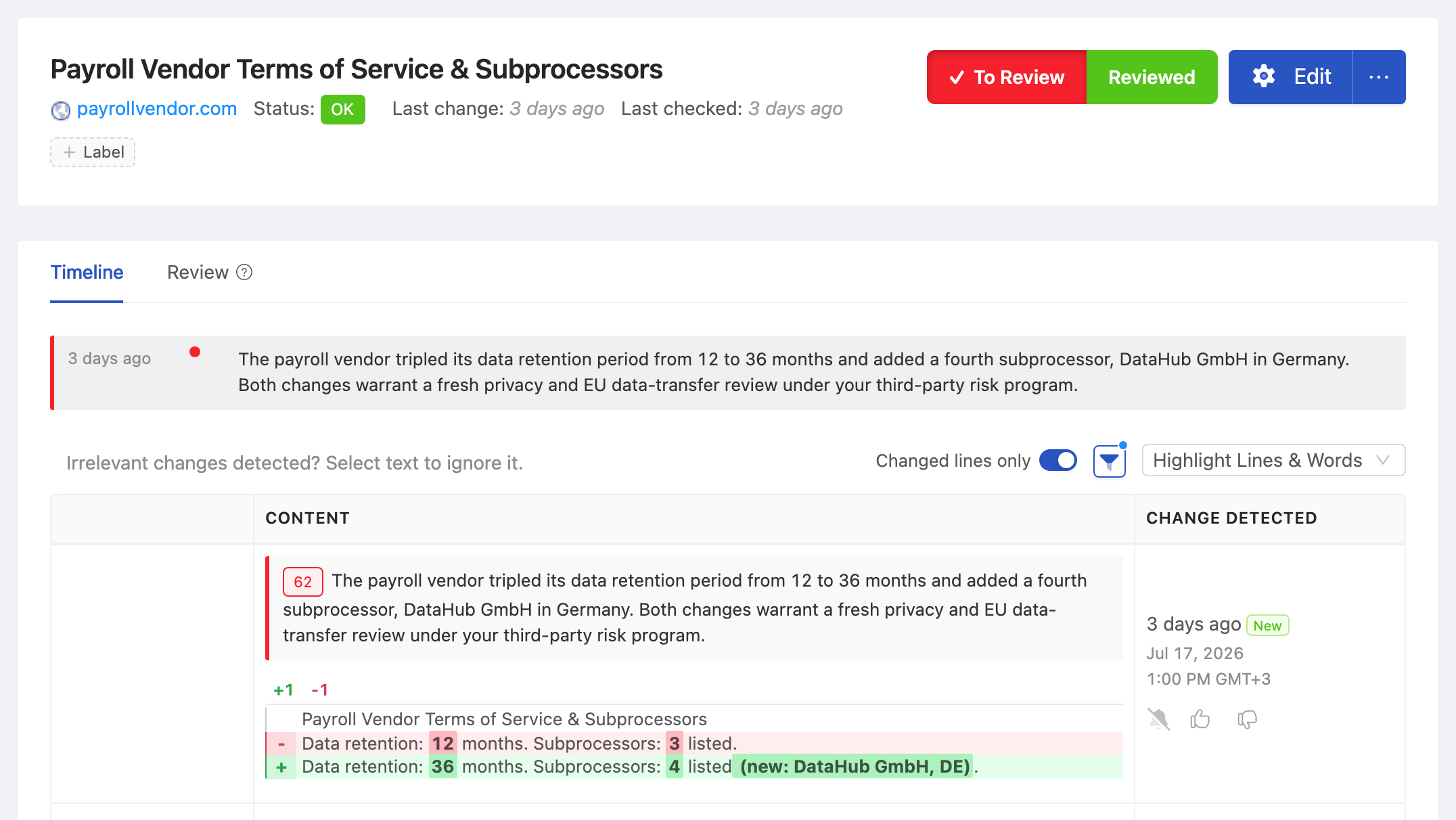 PageCrawl change diff for Payroll Vendor Terms of Service & Subprocessors, highlighting the added and removed text