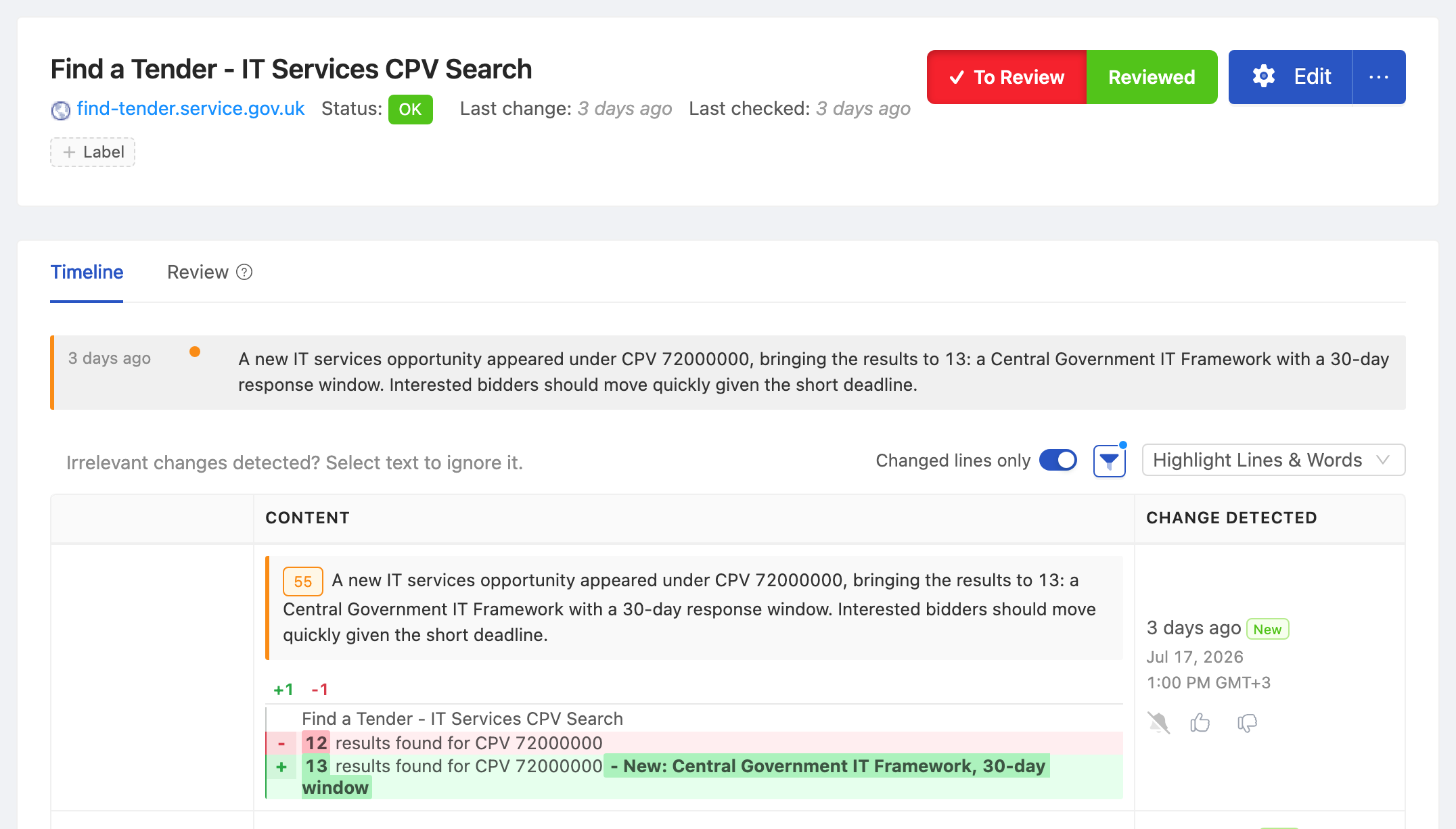 PageCrawl change diff for Find a Tender - IT Services CPV Search, highlighting the added and removed text