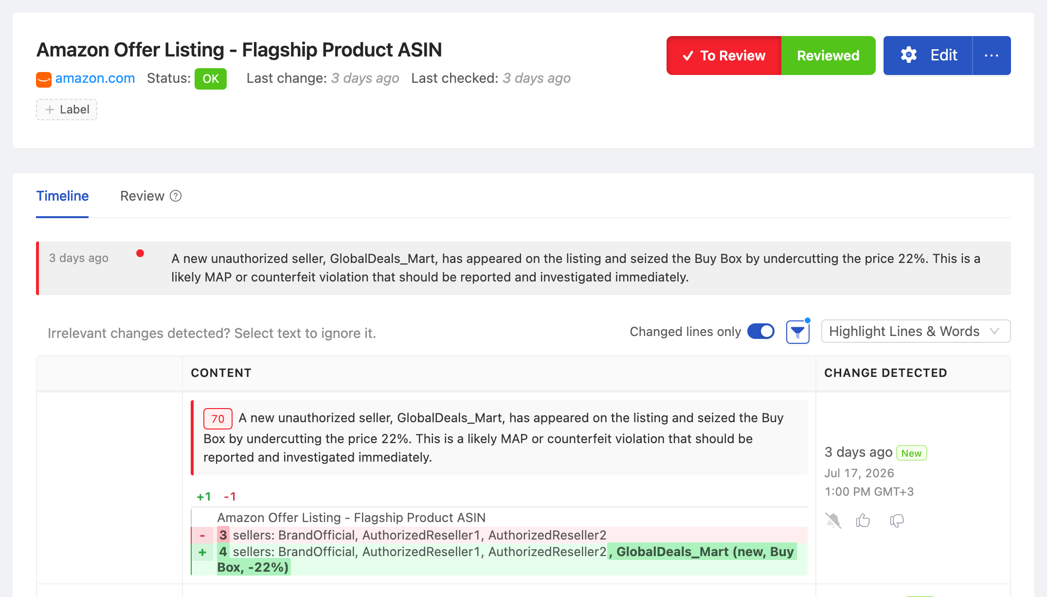 PageCrawl change diff for Amazon Offer Listing - Flagship Product ASIN, highlighting the added and removed text