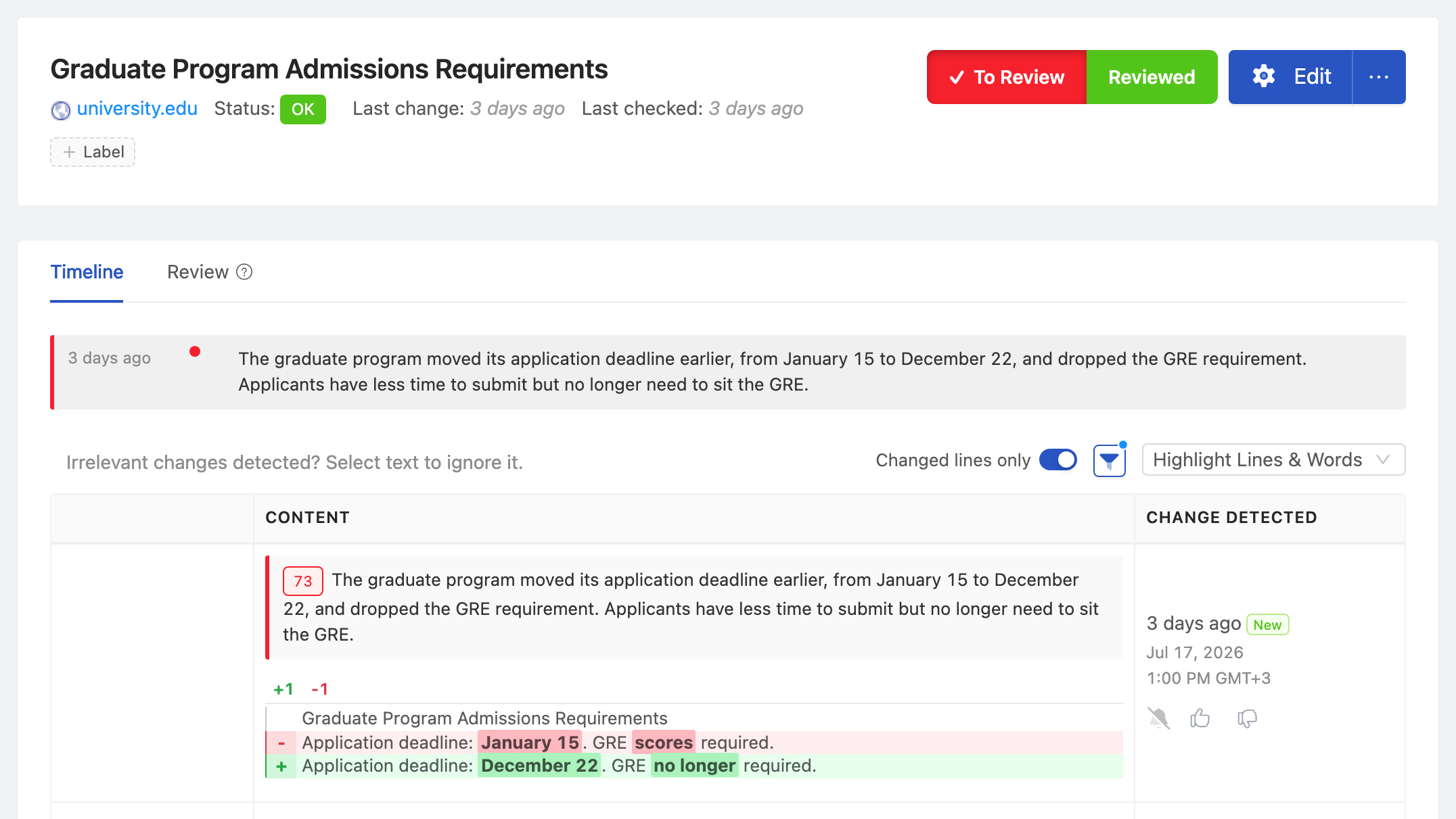 PageCrawl change diff for Graduate Program Admissions Requirements, highlighting the added and removed text