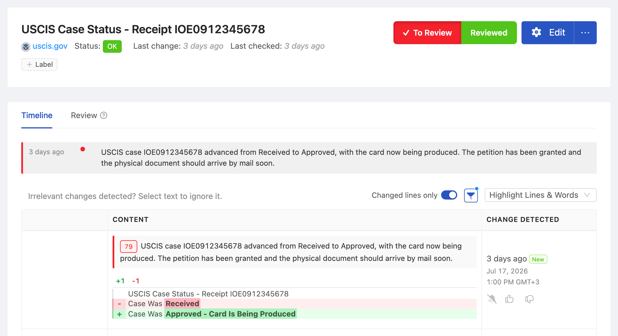 PageCrawl change diff for USCIS Case Status - Receipt IOE0912345678, highlighting the added and removed text
