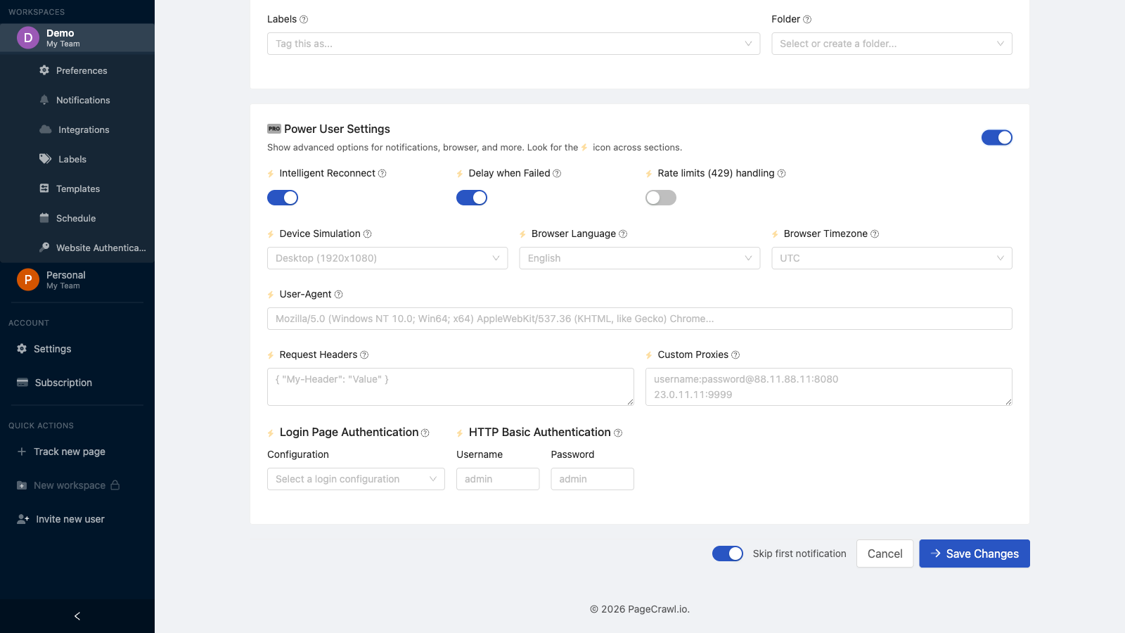 User Agent setting in page advanced preferences