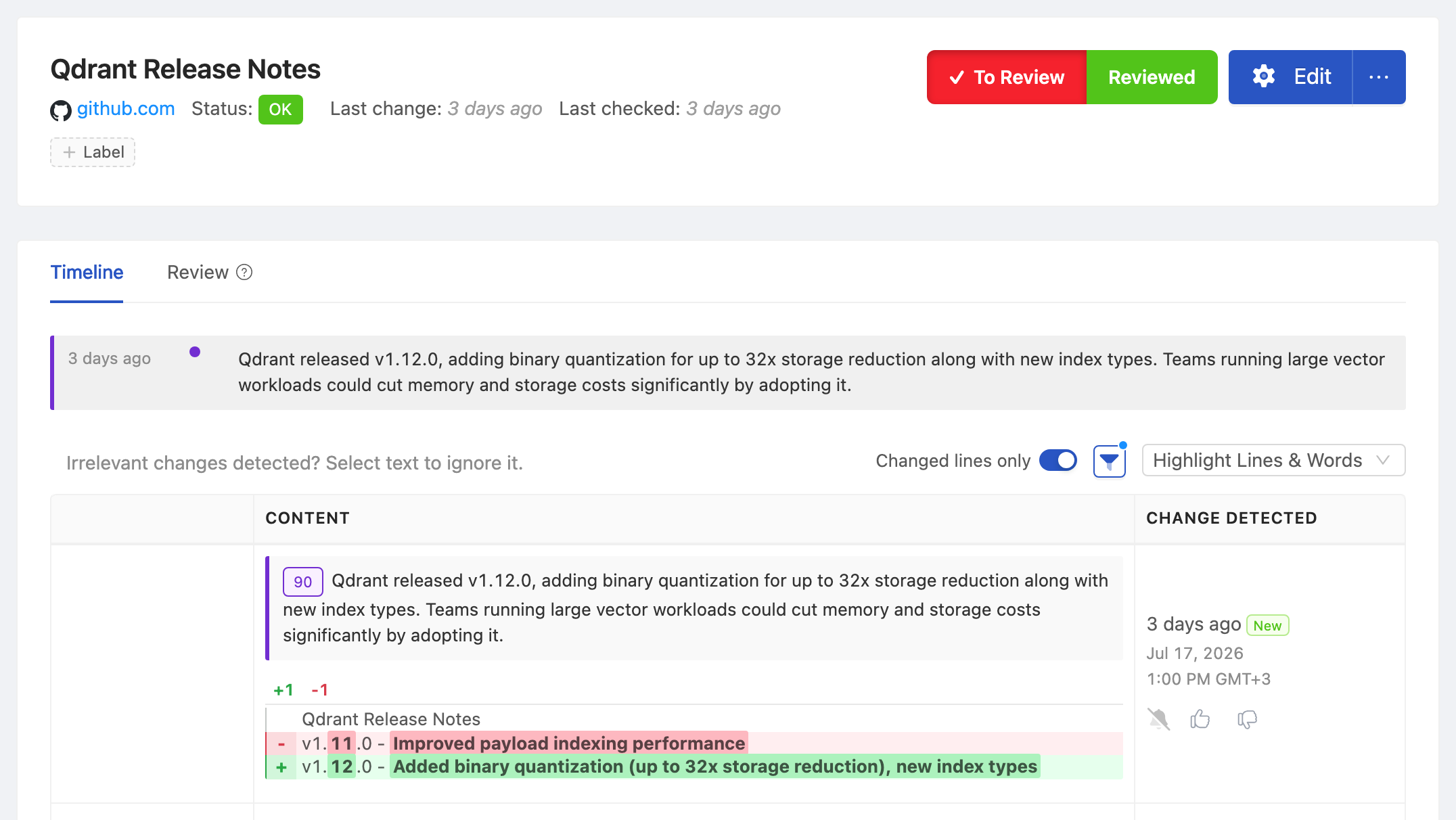 PageCrawl change diff for Qdrant Release Notes, highlighting the added and removed text