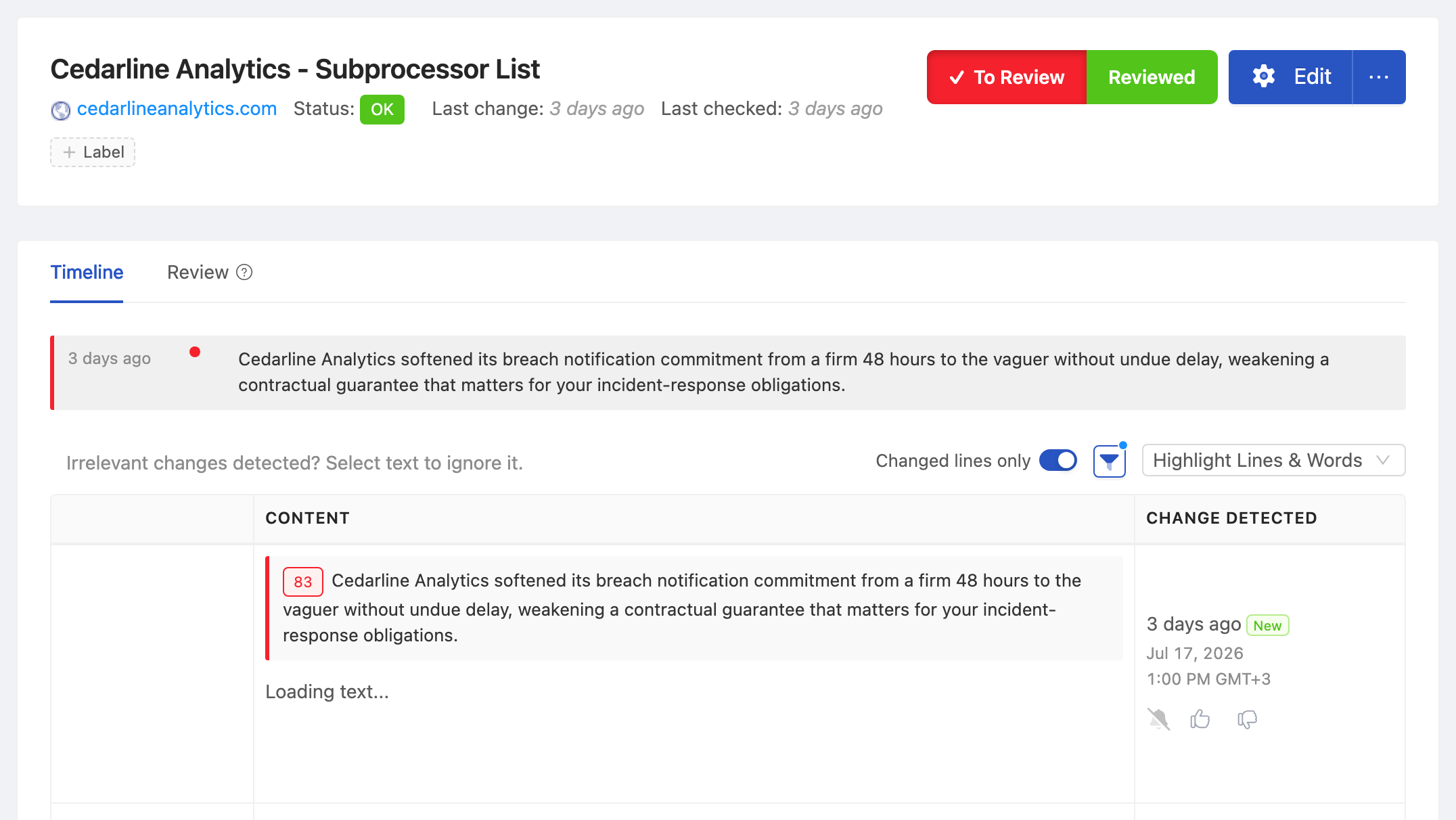 PageCrawl change diff for Northwind Analytics - Subprocessor List, highlighting the added and removed text