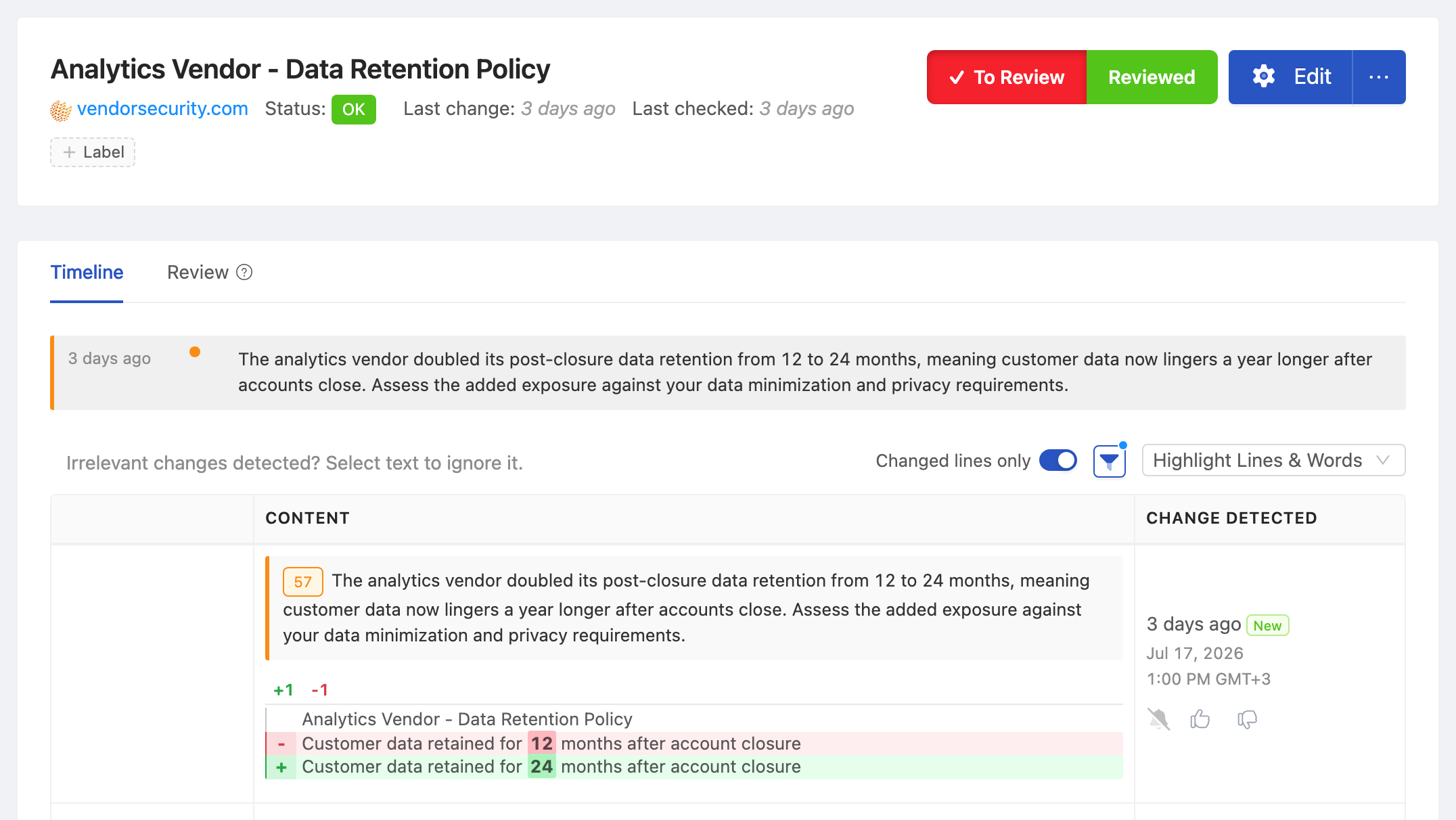 PageCrawl change diff for Analytics Vendor - Data Retention Policy, highlighting the added and removed text