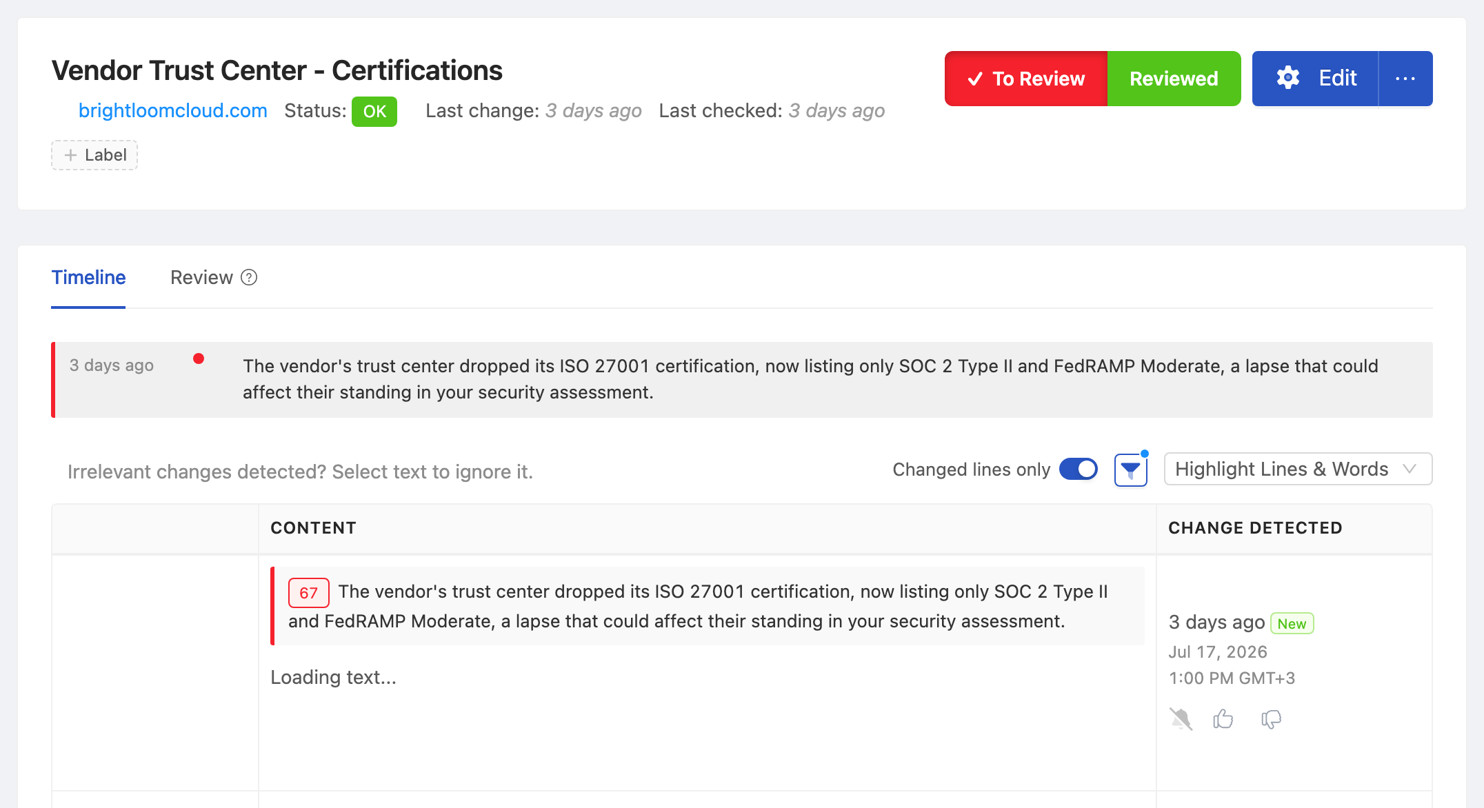 PageCrawl change diff for Vendor Trust Center - Certifications, highlighting the added and removed text