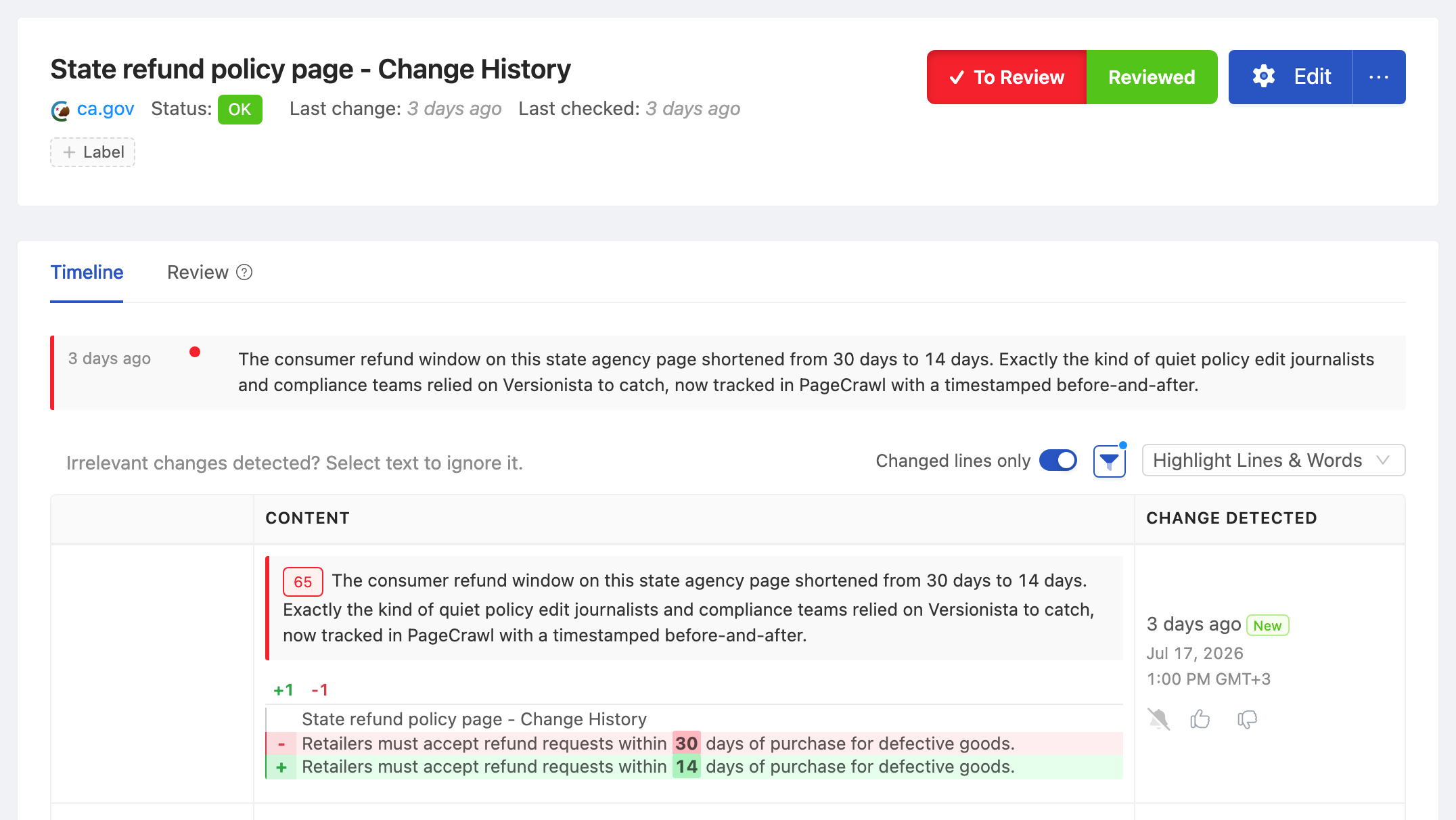 PageCrawl change diff for Monitored Page - Change History, highlighting the added and removed text