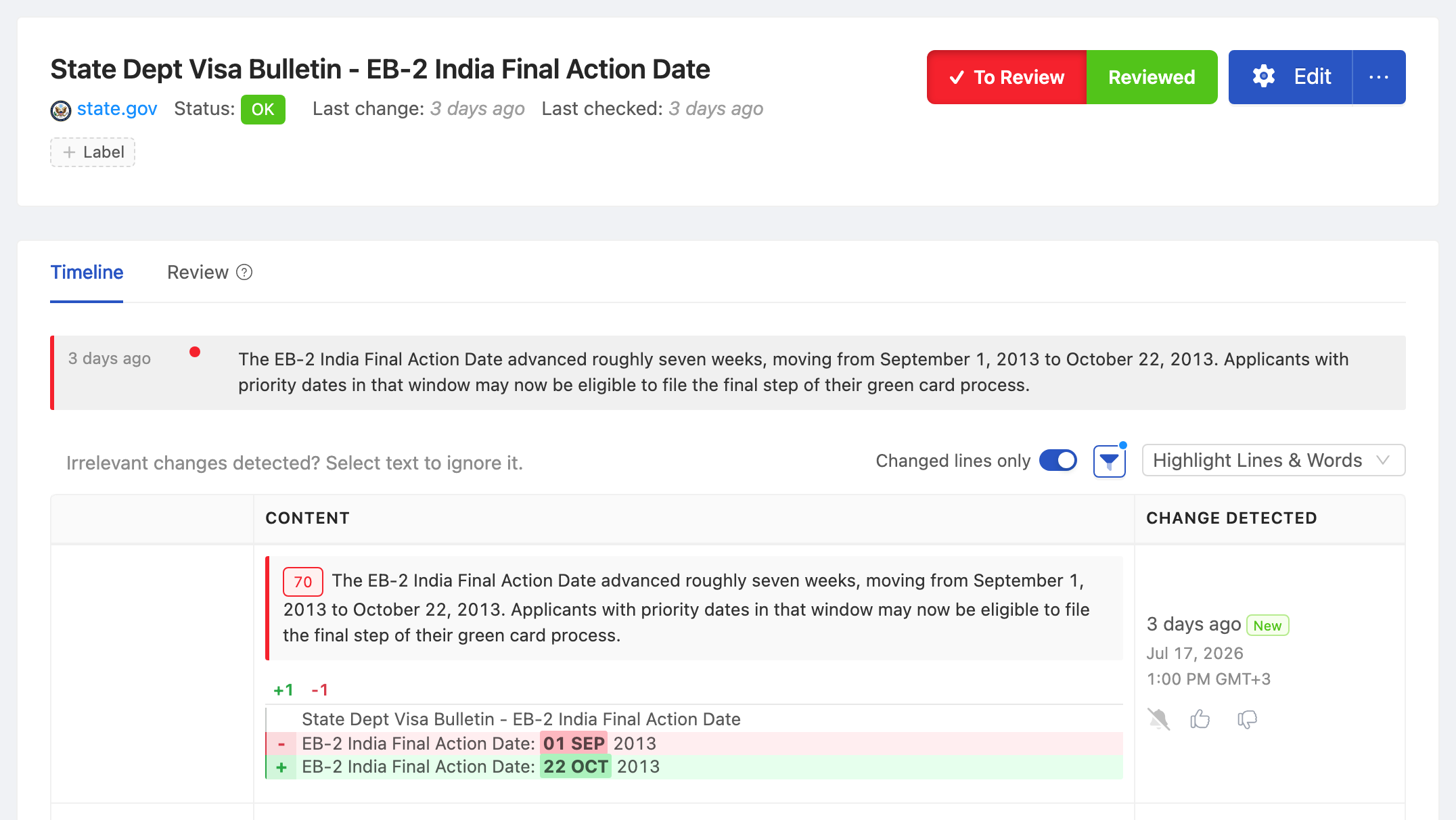 PageCrawl change diff for State Dept Visa Bulletin - EB-2 India Final Action Date, highlighting the added and removed text