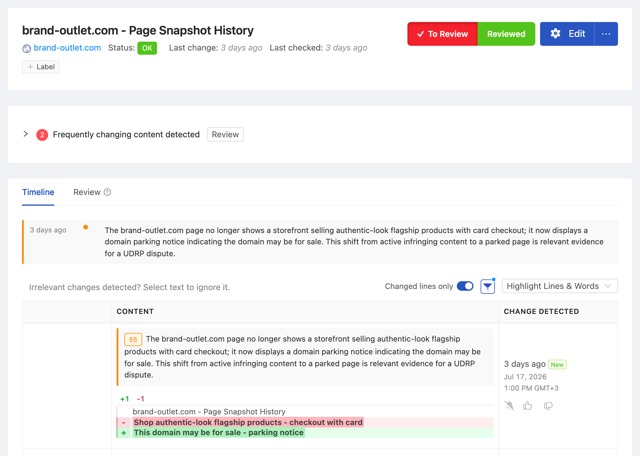 PageCrawl change diff for brand-outlet.com - Page Snapshot History, highlighting the added and removed text