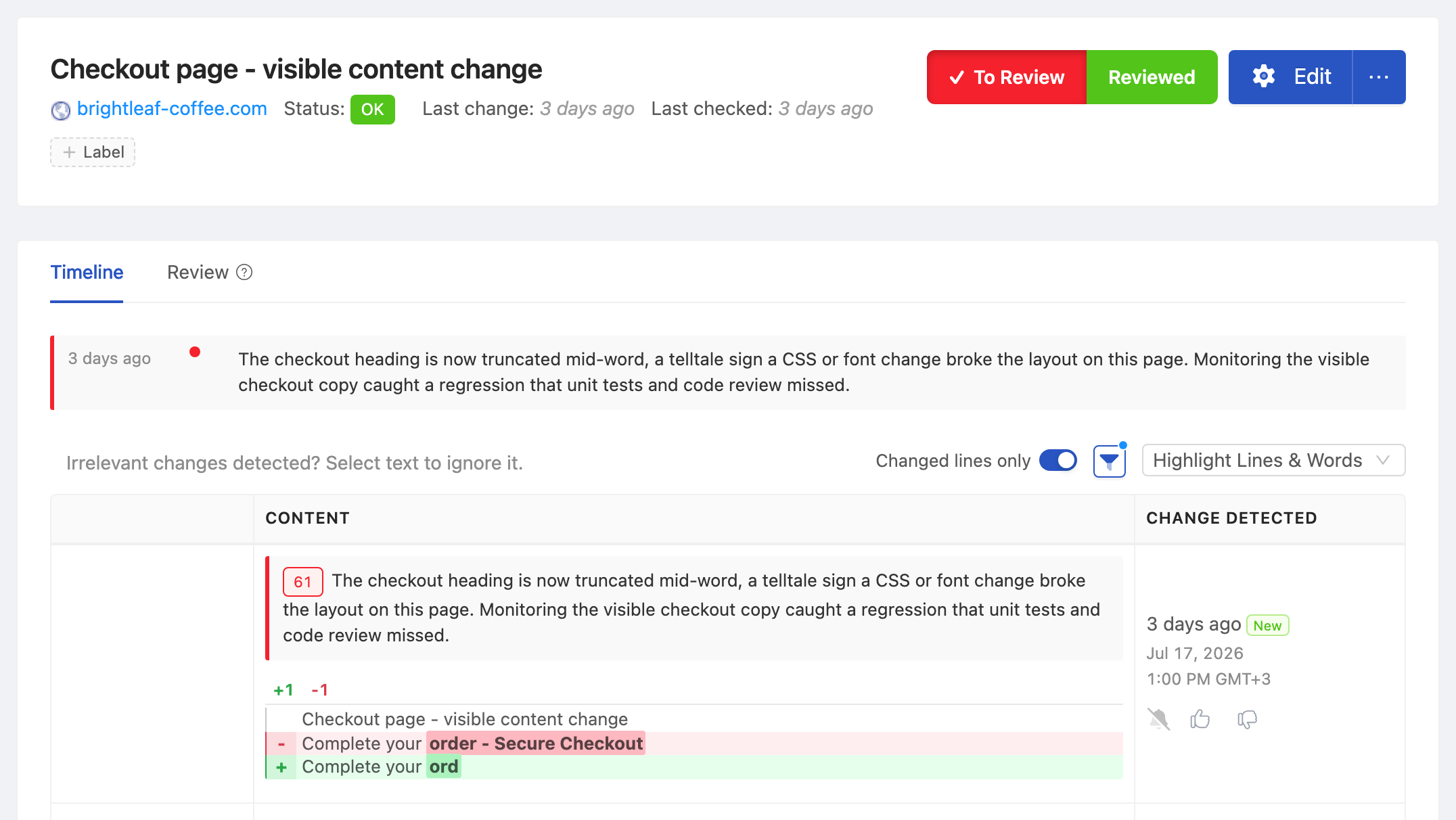 PageCrawl change diff for Checkout Page - Visual Change History, highlighting the added and removed text