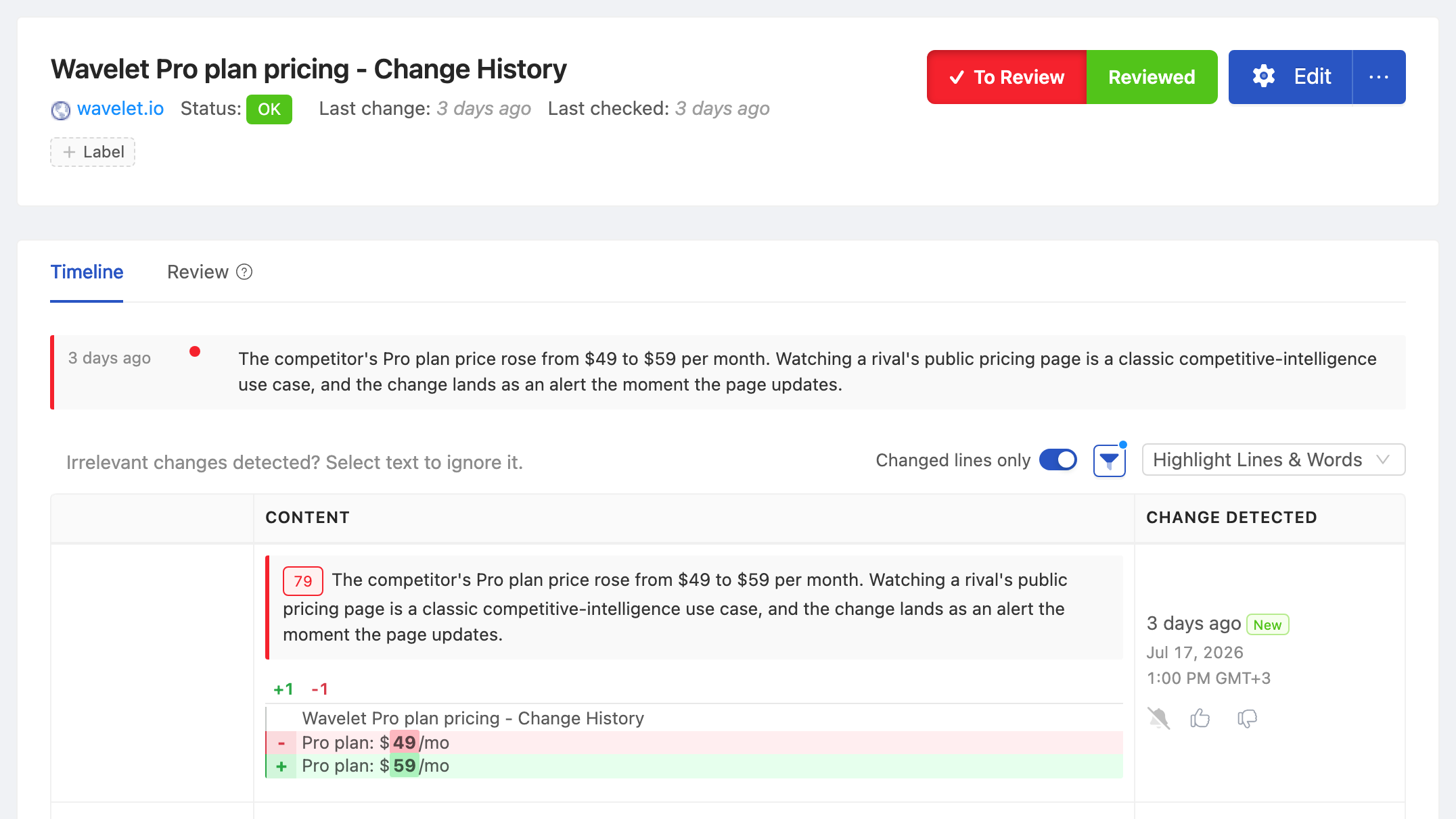 PageCrawl change diff for Competitor Pricing Page - Change History, highlighting the added and removed text