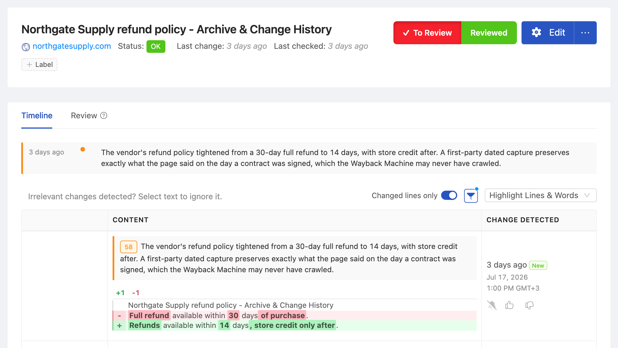 PageCrawl change diff for Vendor Refund Policy - Archive & Change History, highlighting the added and removed text