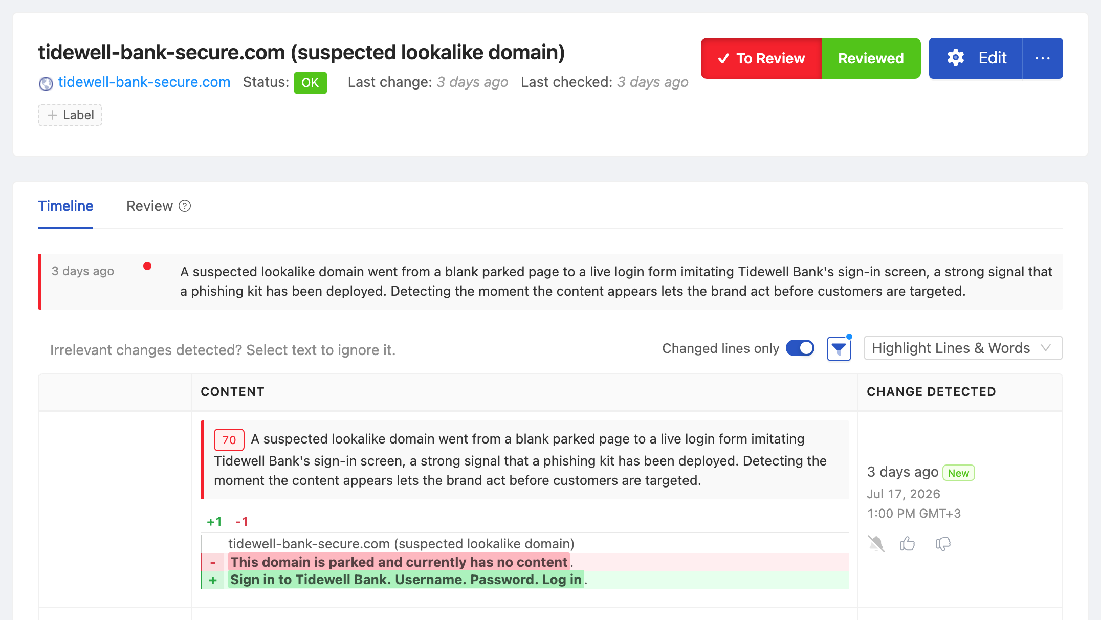 PageCrawl change diff for acmebank-secure.com (suspected lookalike domain), highlighting the added and removed text