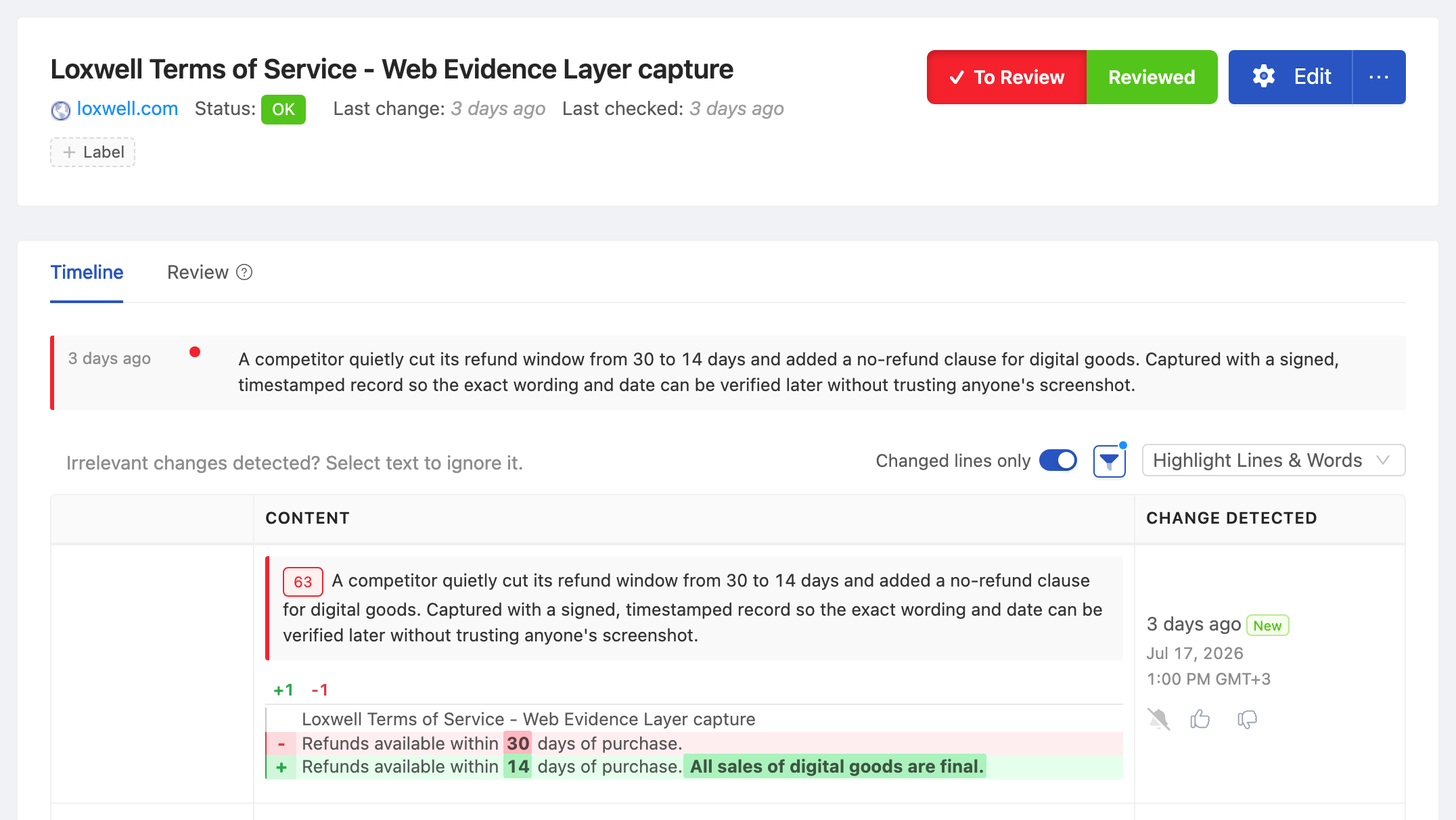 PageCrawl change diff for Competitor Terms of Service - Web Evidence Layer capture, highlighting the added and removed text