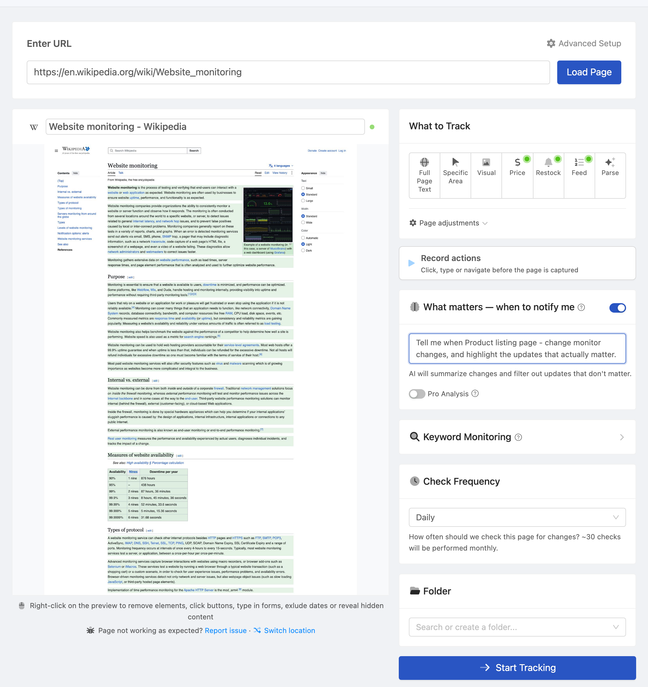 Setting up a PageCrawl monitor for Product listing page - change monitor