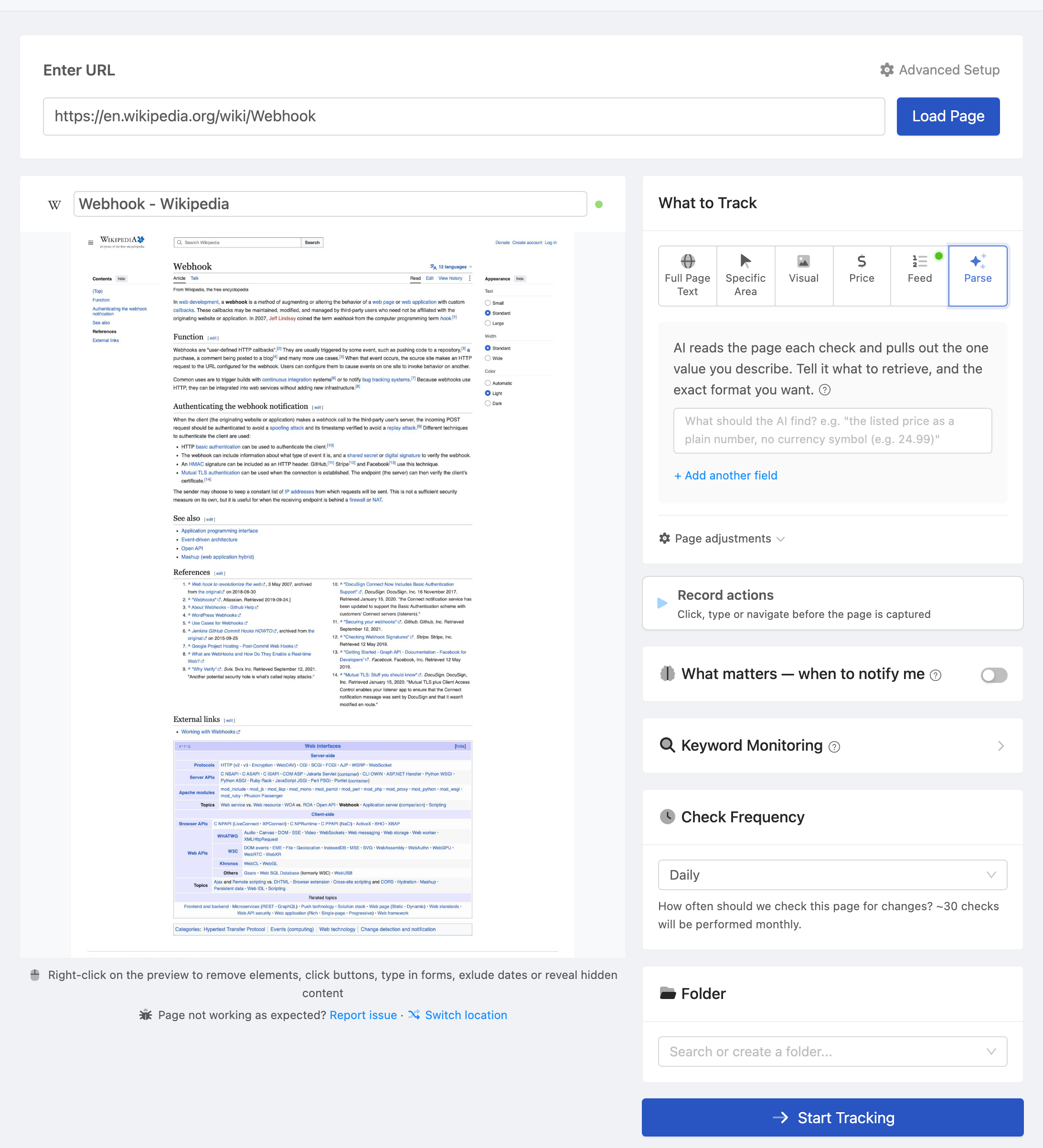 Setting up a PageCrawl monitor for Monitored page with webhook delivery