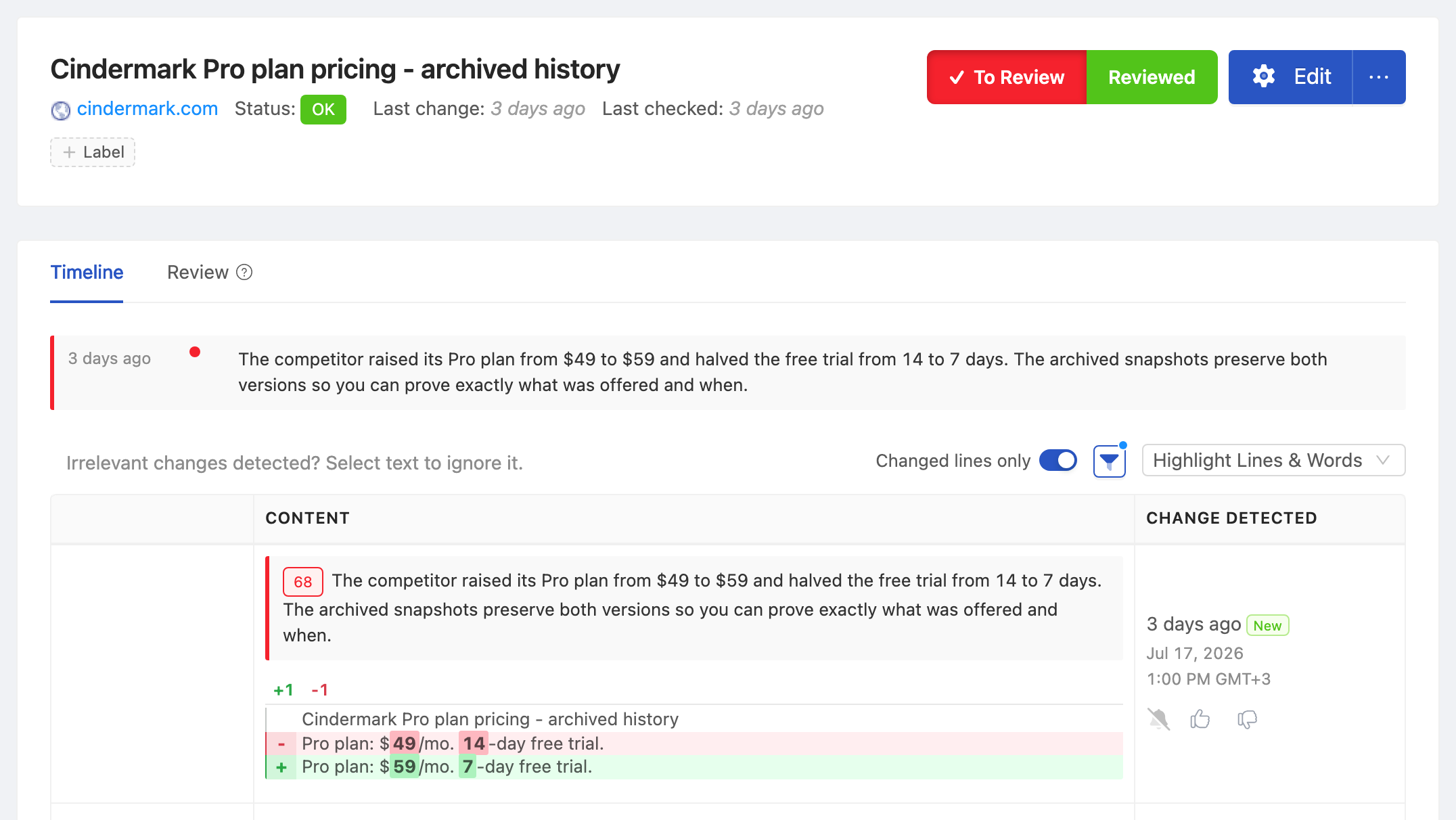 PageCrawl change diff for Competitor Pricing Page - archived history, highlighting the added and removed text