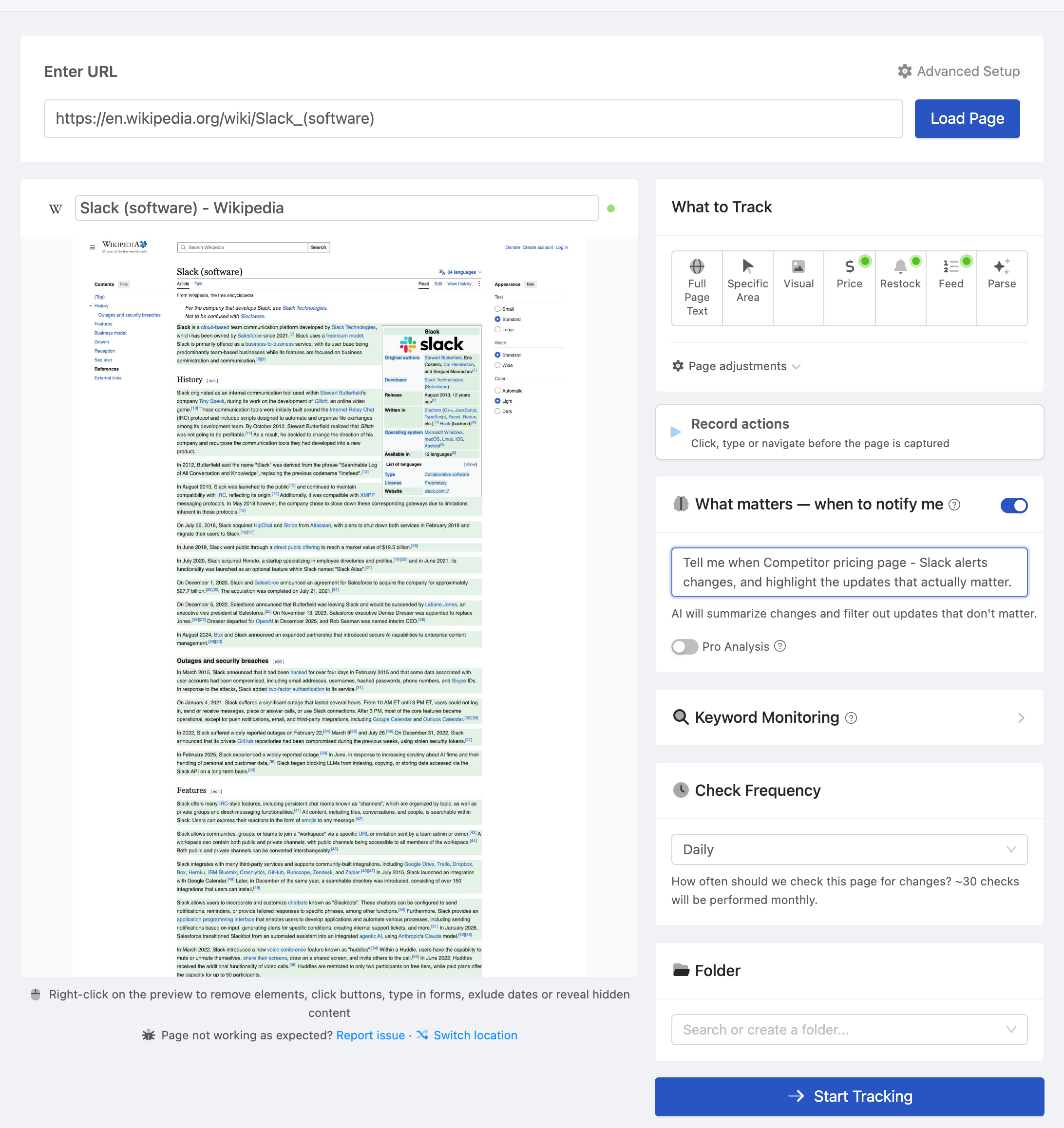 Setting up a PageCrawl monitor for Competitor pricing page - Slack alerts