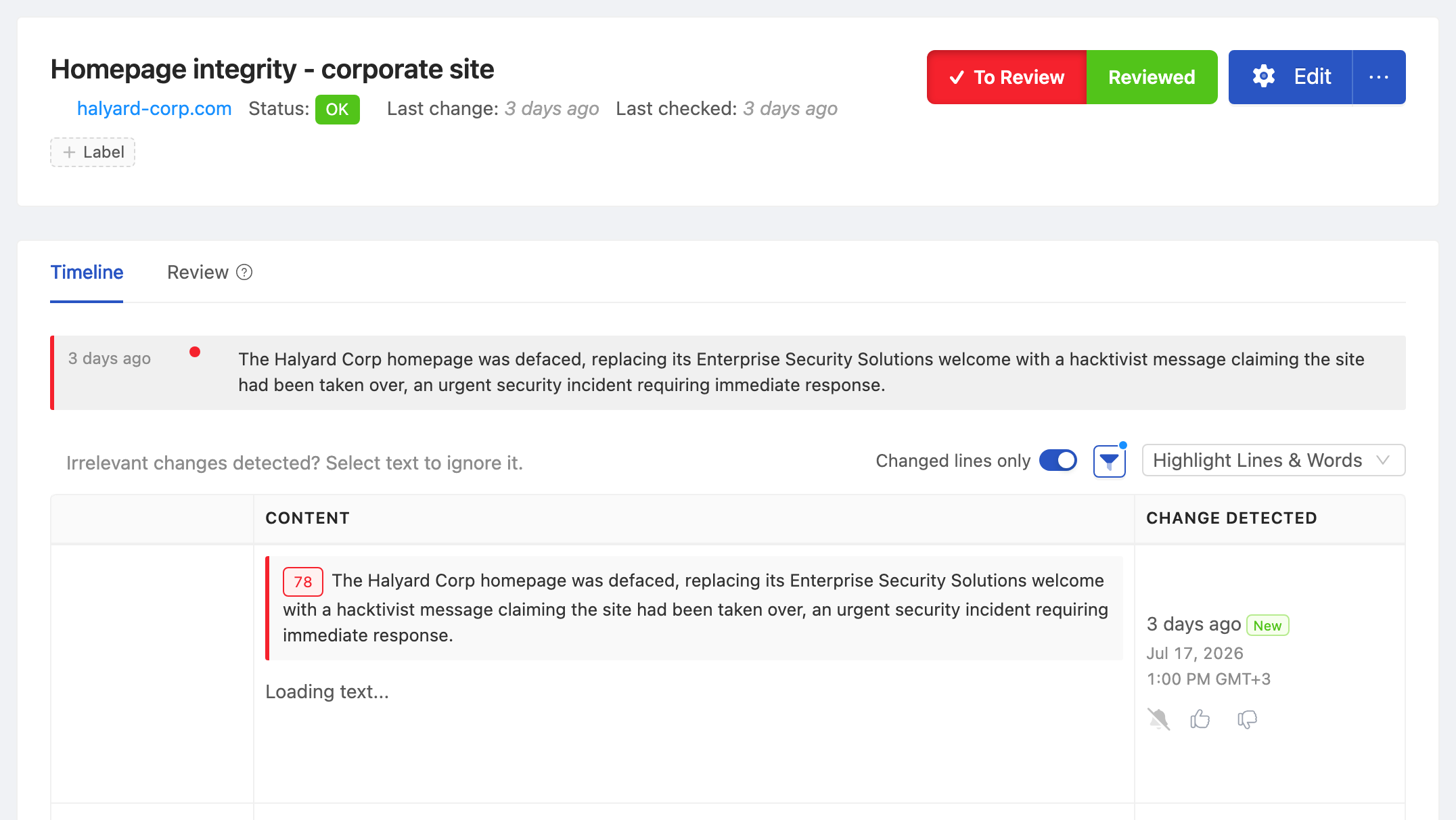PageCrawl change diff for Homepage integrity - corporate site, highlighting the added and removed text