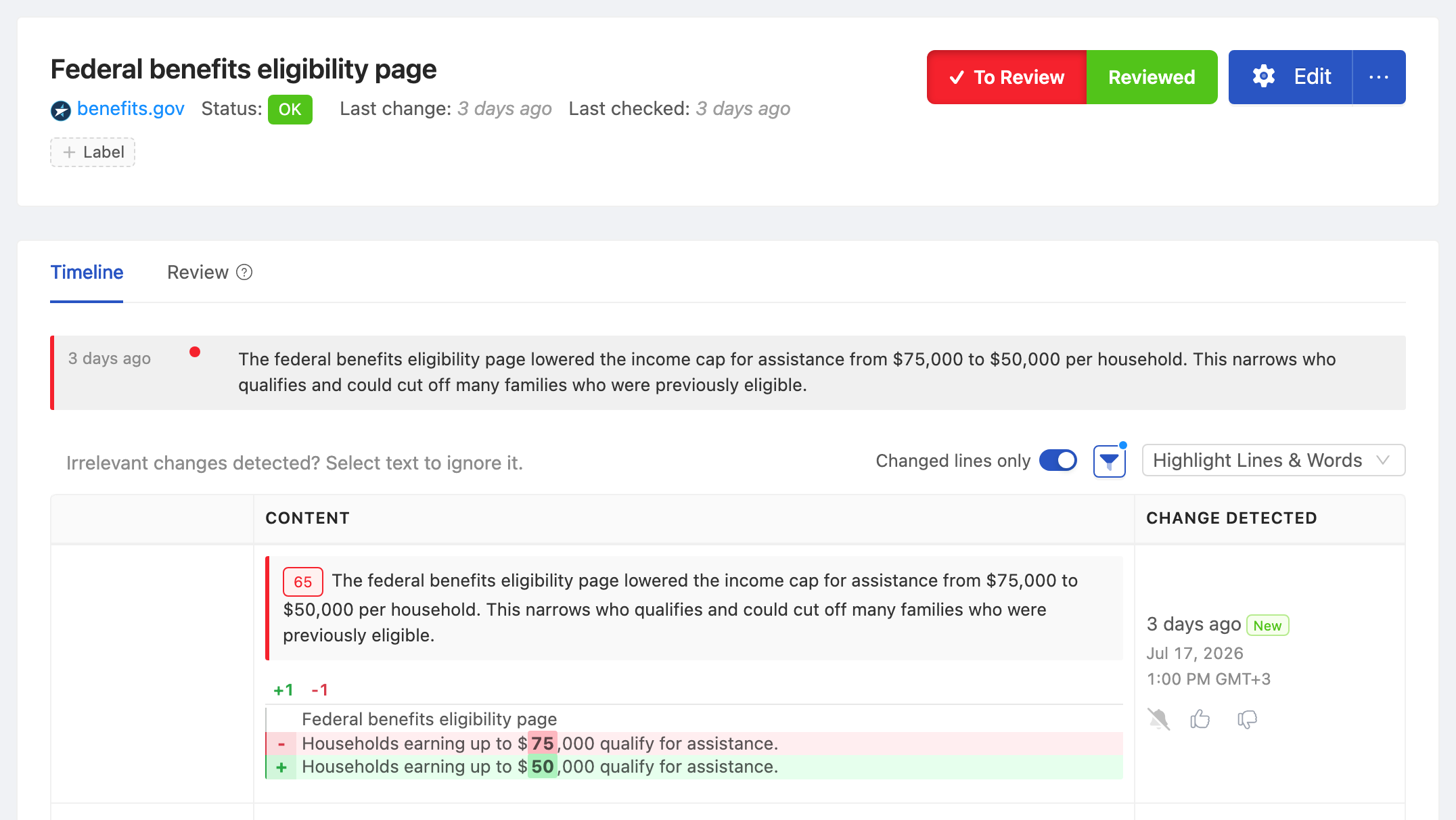 PageCrawl change diff for Federal benefits eligibility page, highlighting the added and removed text