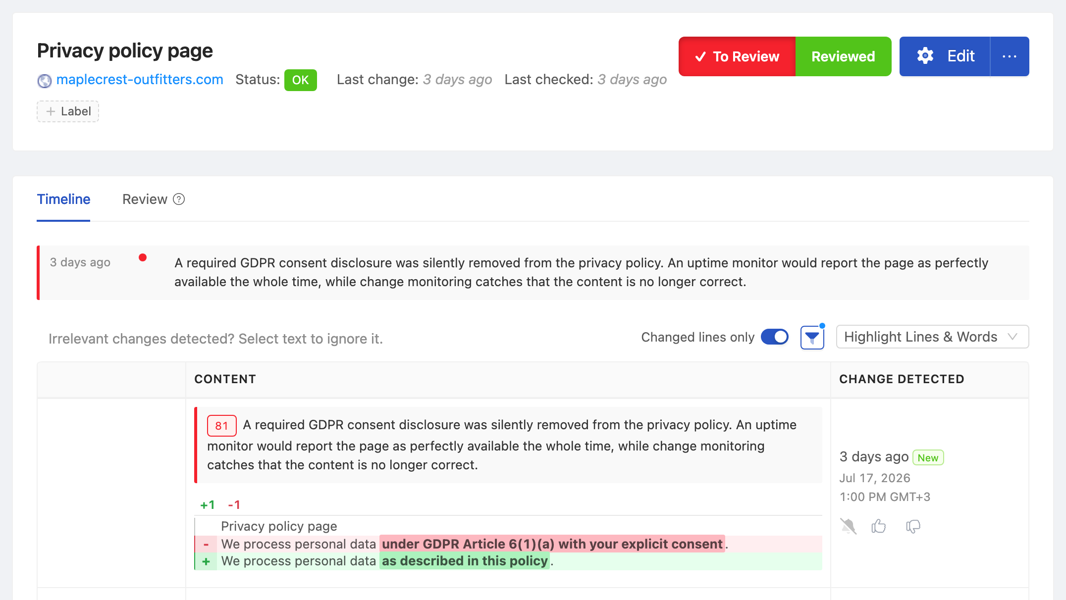 PageCrawl change diff for Privacy policy page, highlighting the added and removed text