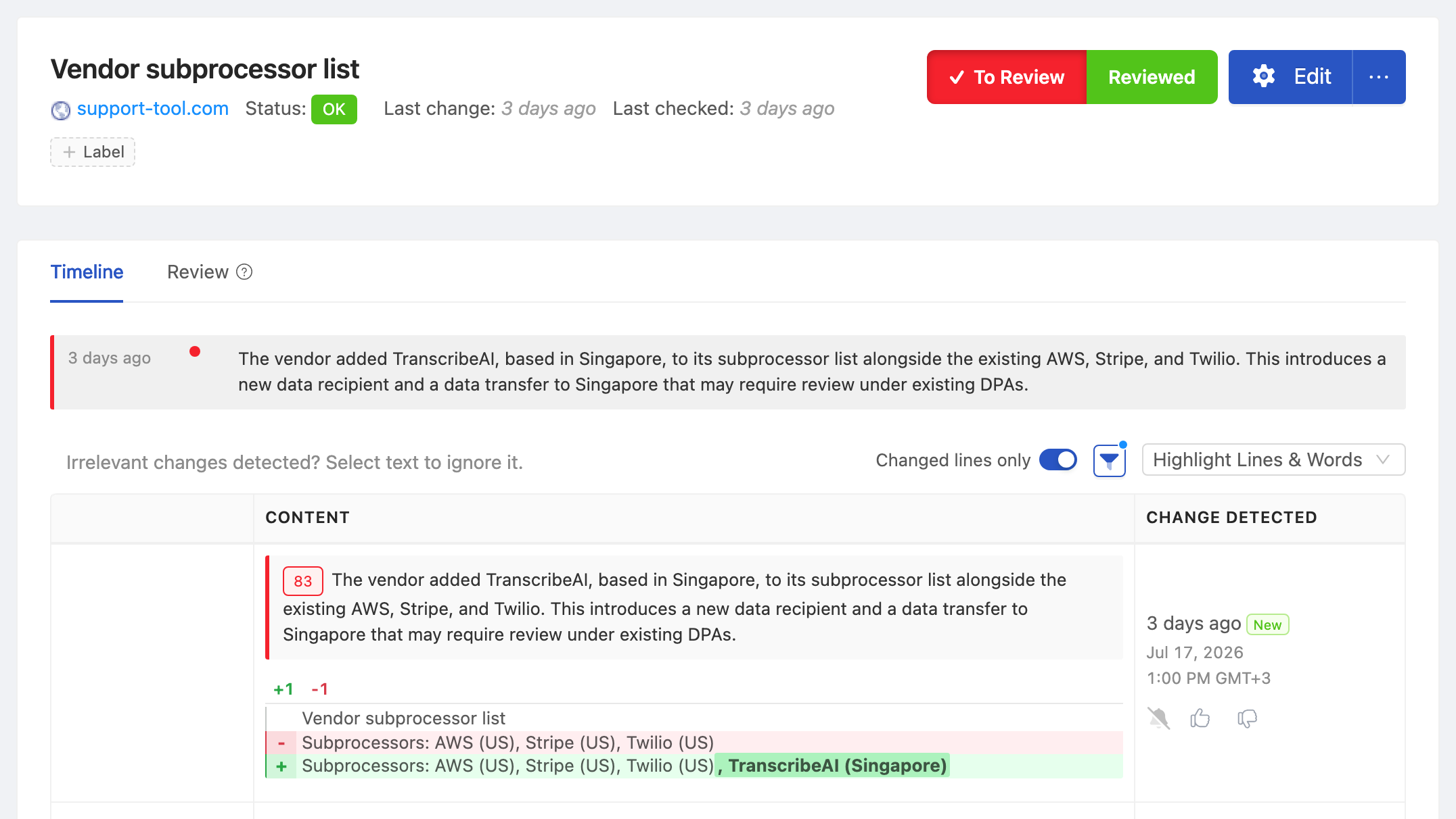 PageCrawl change diff for Vendor subprocessor list, highlighting the added and removed text