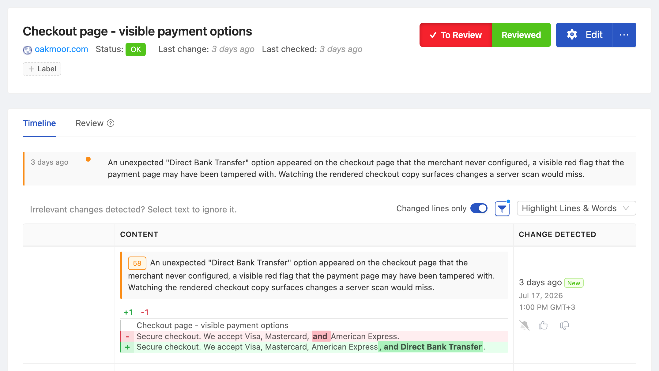 PageCrawl change diff for Checkout page scripts and integrity, highlighting the added and removed text
