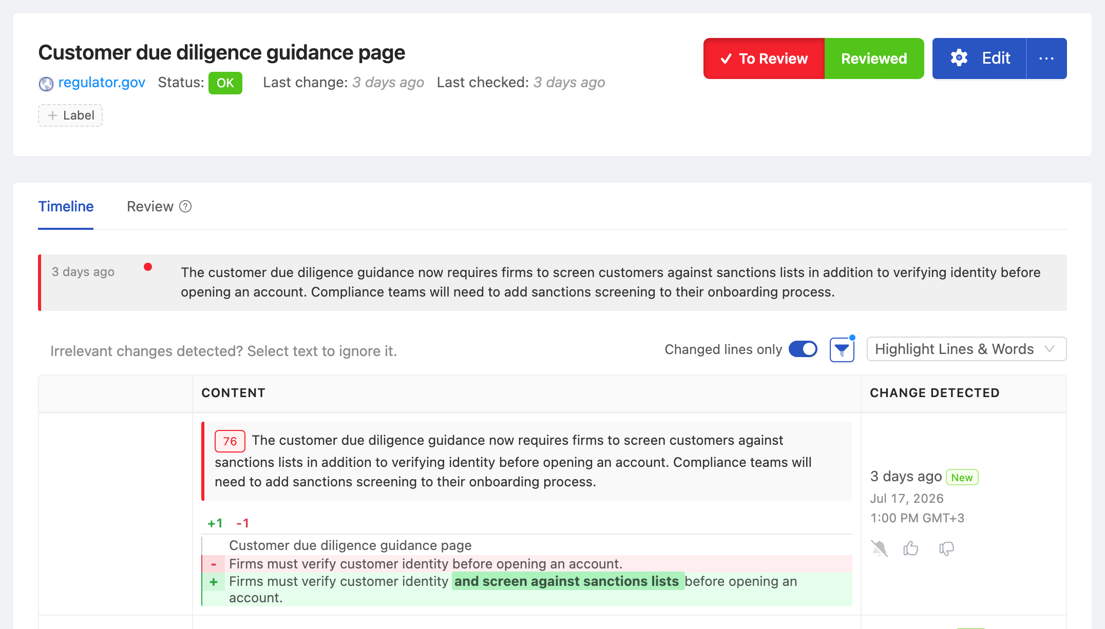 PageCrawl change diff for Customer due diligence guidance page, highlighting the added and removed text