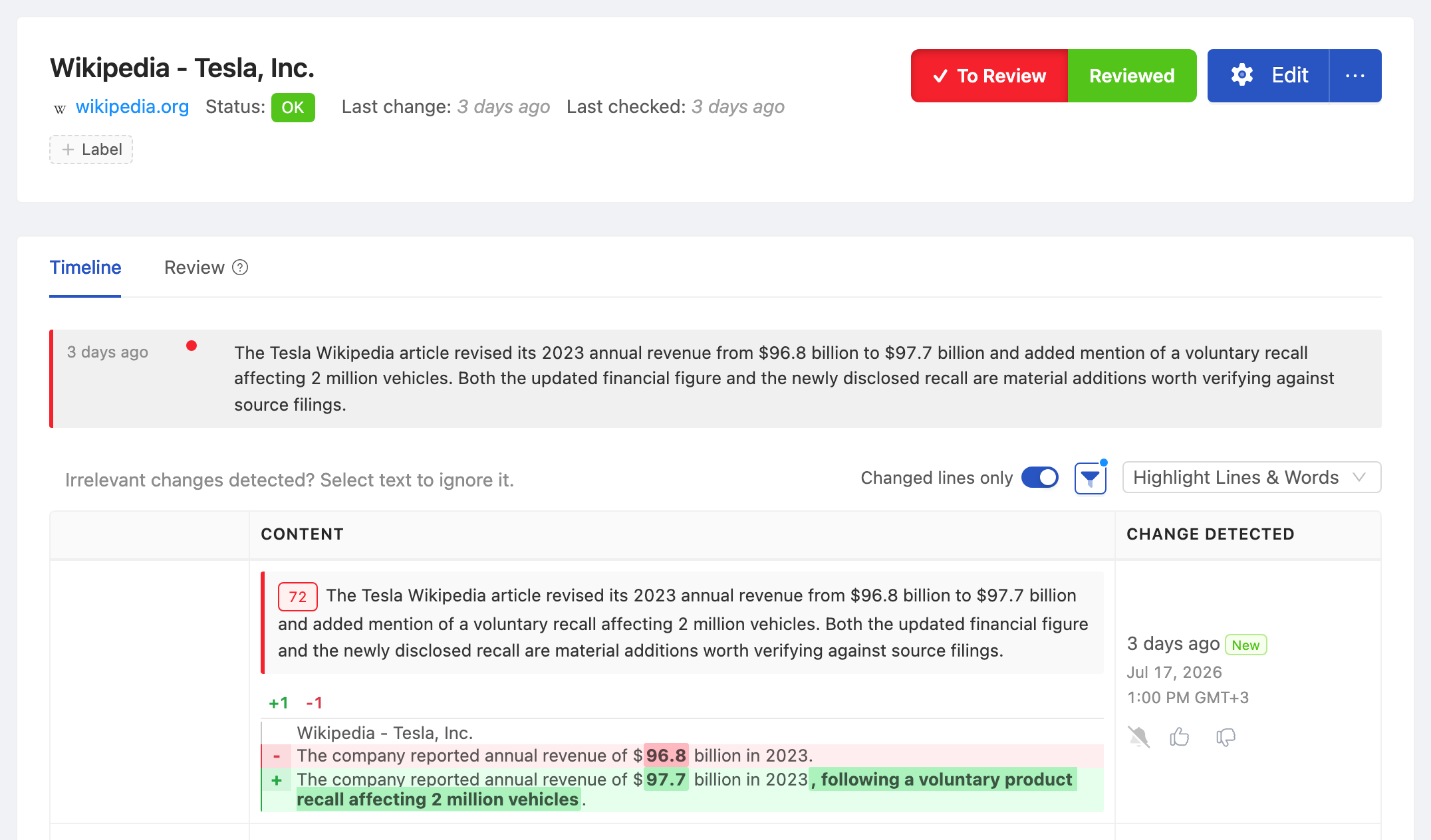 PageCrawl change diff for Wikipedia - Tesla, Inc., highlighting the added and removed text