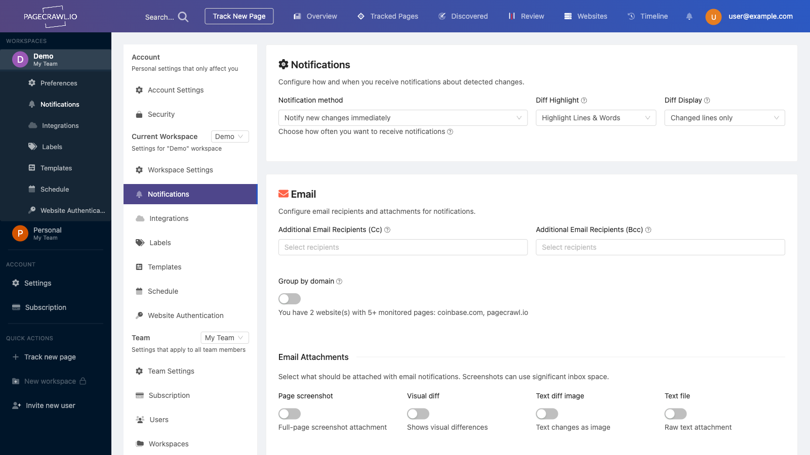 notification settings for change monitoring reports