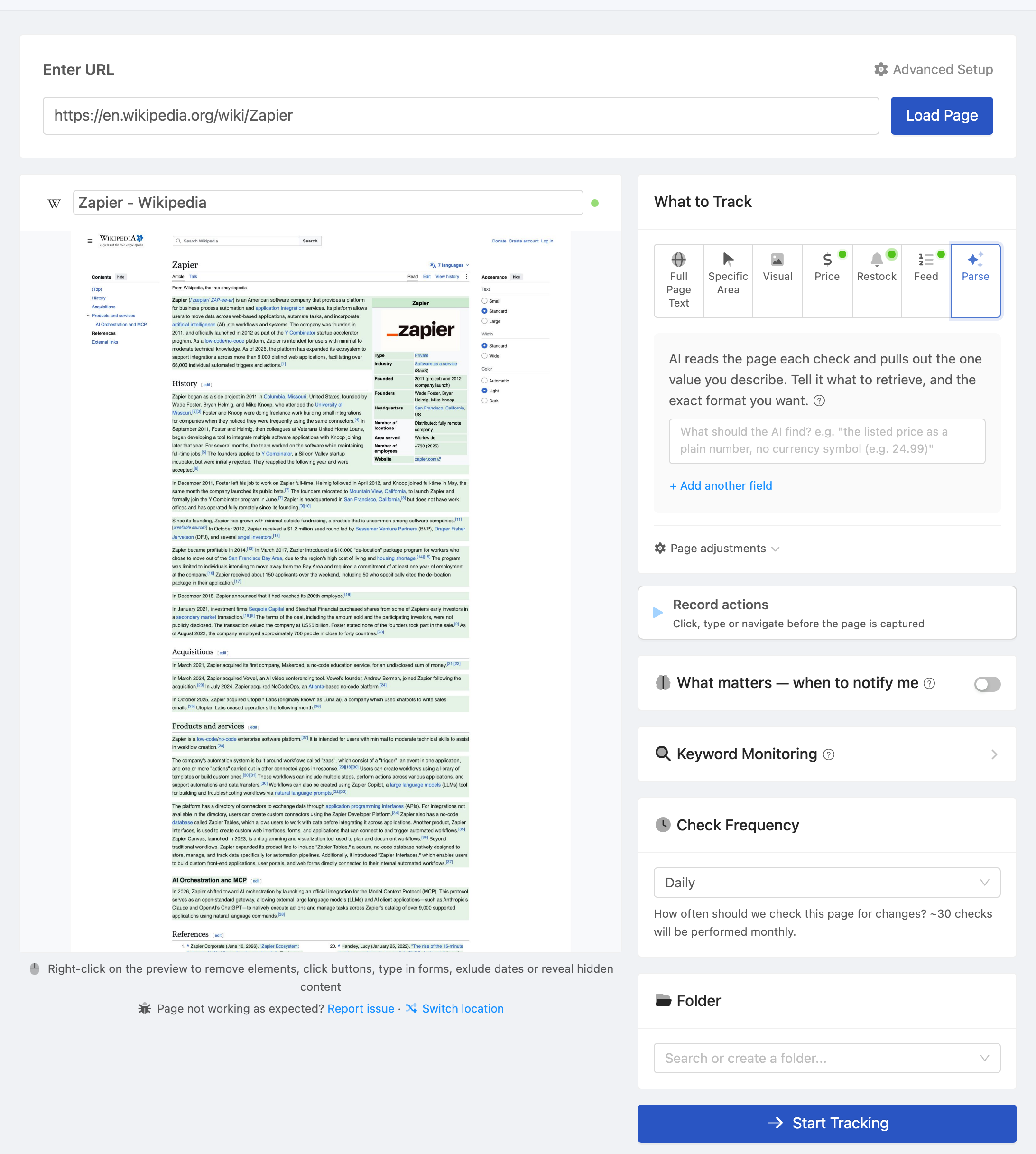 Setting up a PageCrawl monitor for Competitor pricing page
