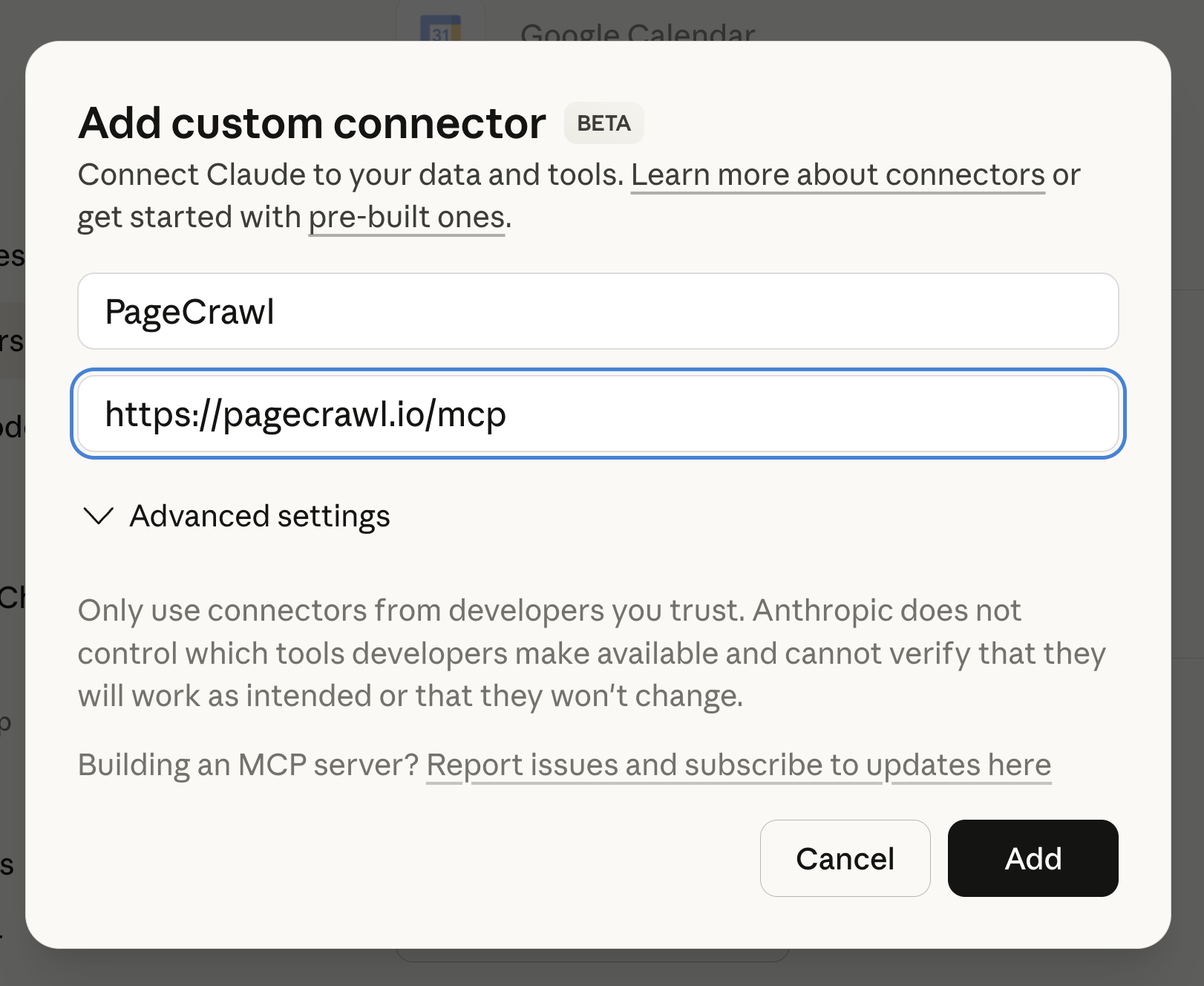 Add custom connector dialog with PageCrawl name and MCP server URL