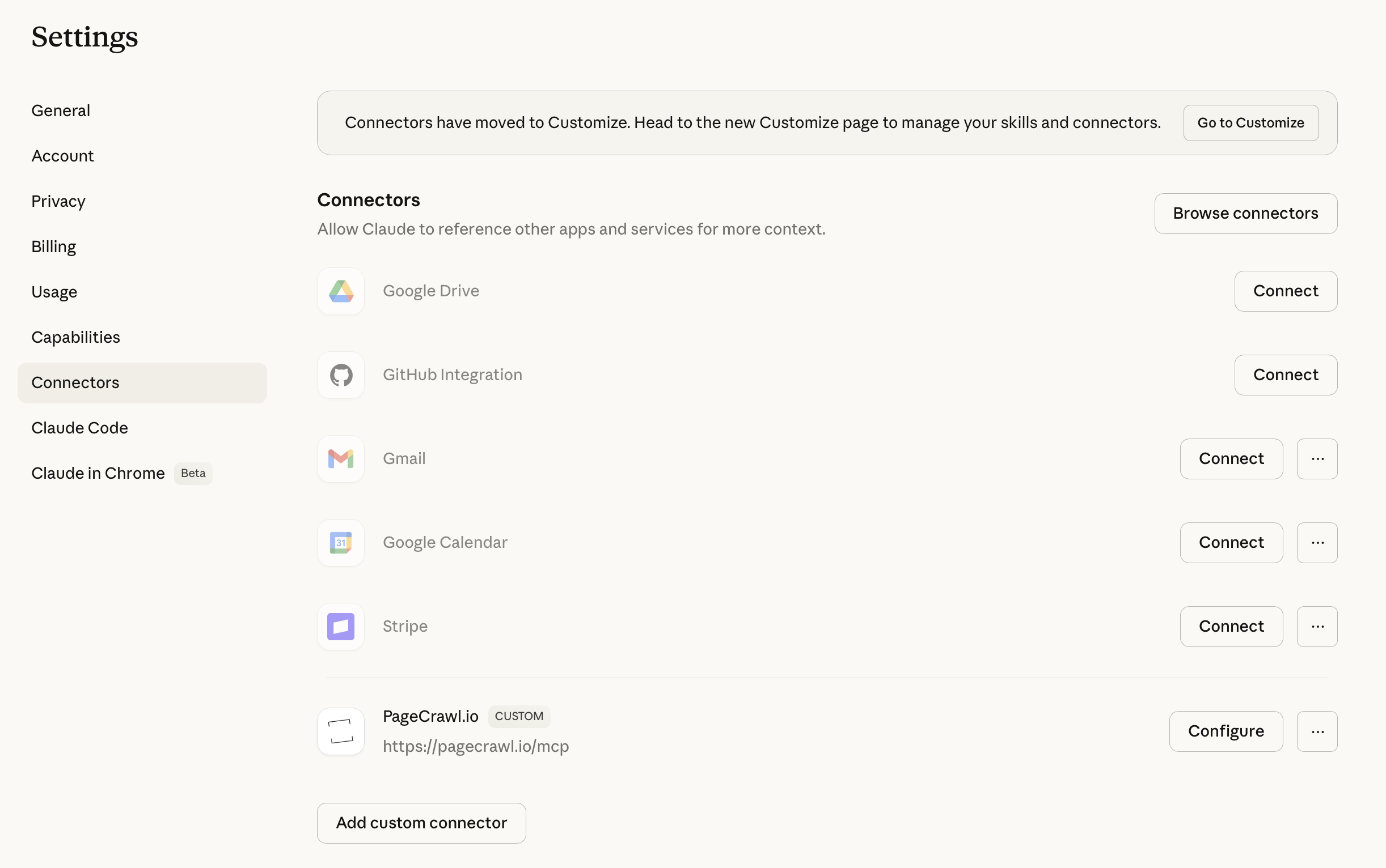 Connectors page showing PageCrawl configured