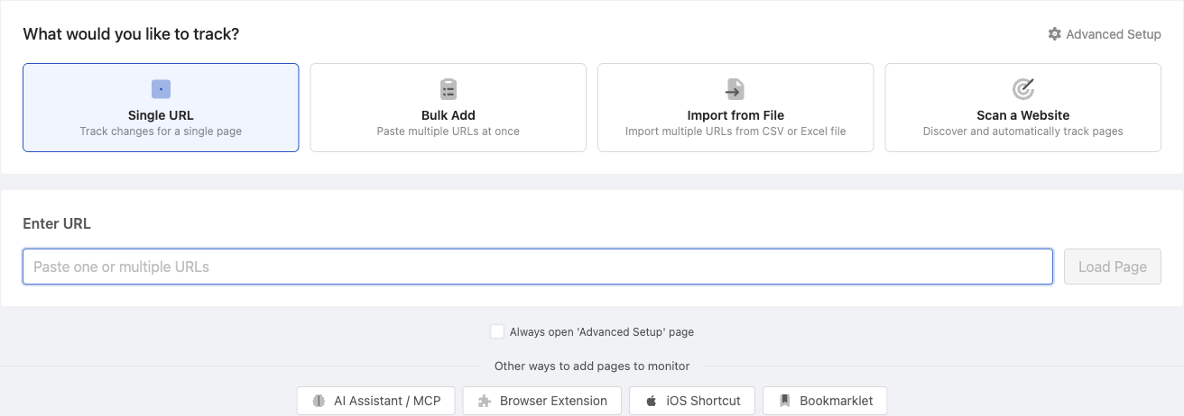 Track New Page screen where you paste the direct URL to a PowerPoint file to start monitoring it