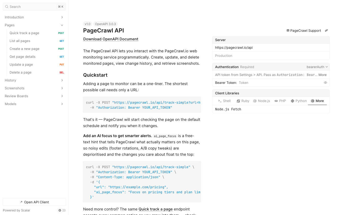 Interactive API reference at pagecrawl.io/developers with endpoints and code examples to build a custom integration
