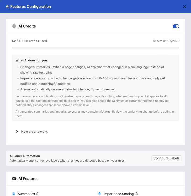 AI Features Configuration in workspace settings where you manage AI credits or connect your own provider key