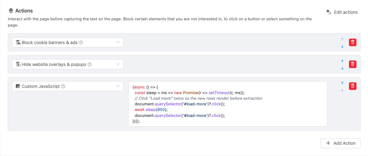 Actions section in Advanced mode with a Custom JavaScript action selected and an async IIFE entered in the action code editor
