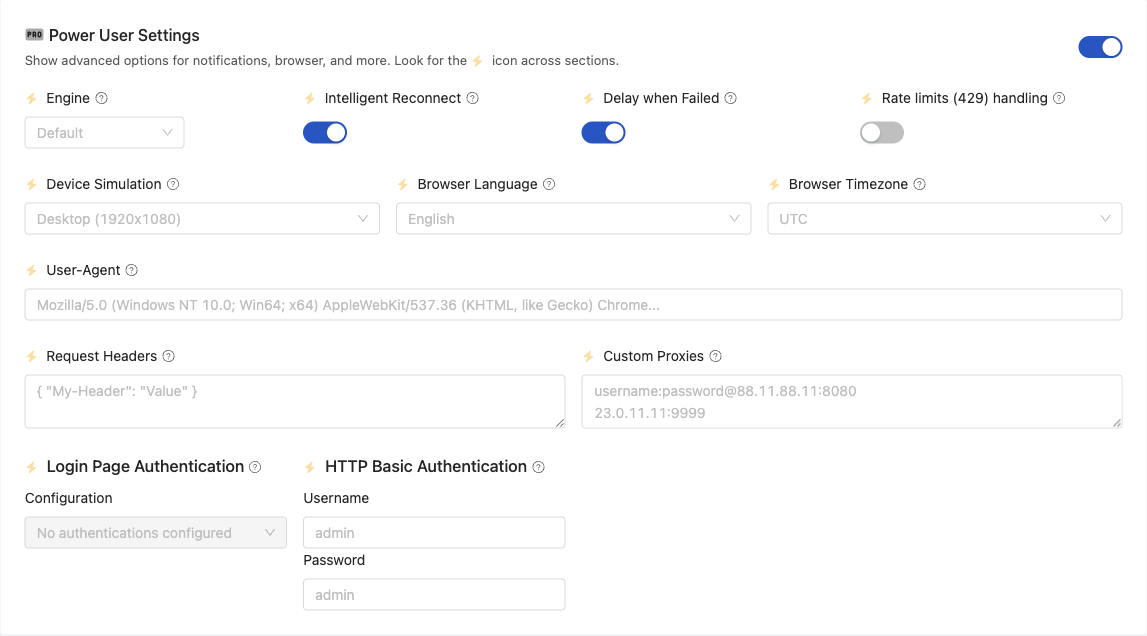 Engine selection in Power User settings, including Stealth mode for bot-protected sites